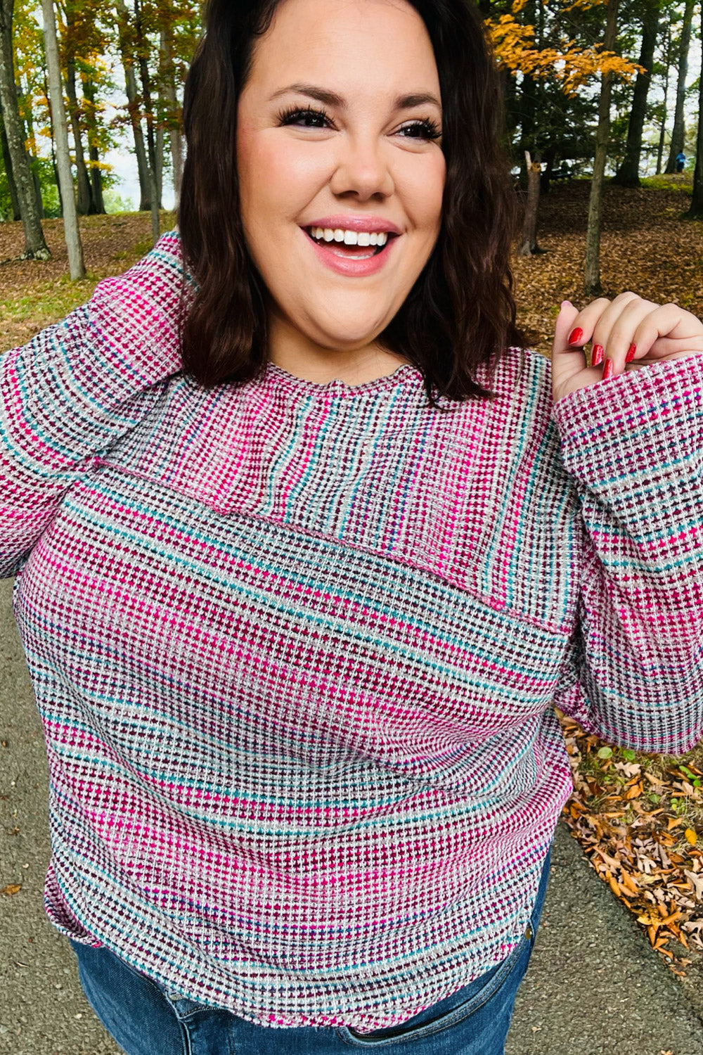 On The Run Magenta Multicolor Textured Knit Top