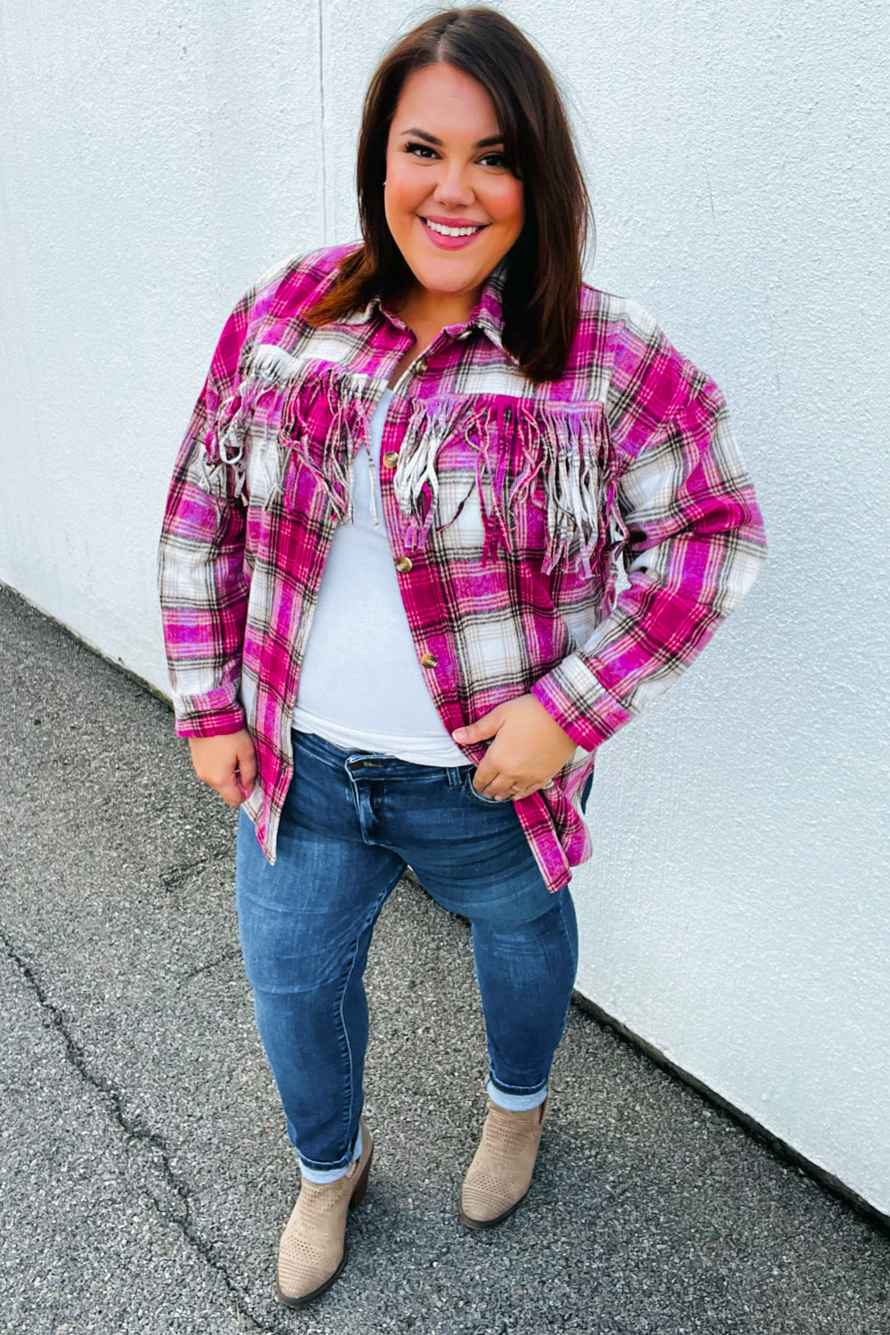 Always Win Plaid Fringe Shacket