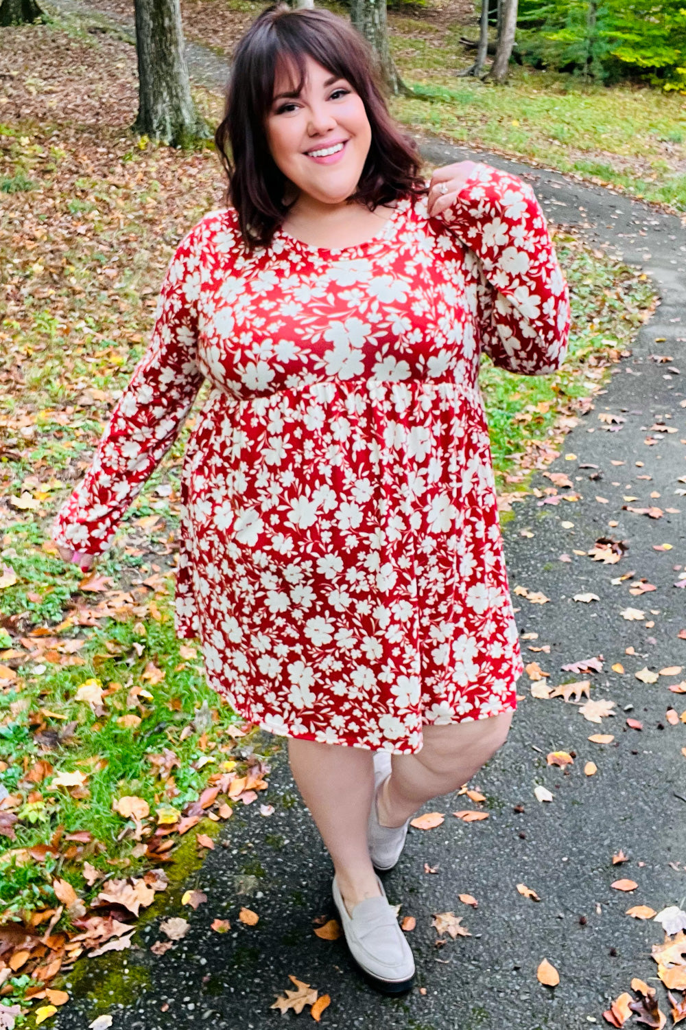 Just Be You Floral Long Sleeve Babydoll Dress • Rust
