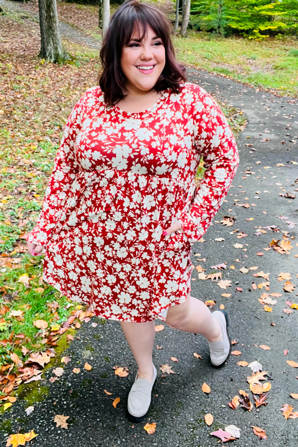 Just Be You Floral Long Sleeve Babydoll Dress • Rust