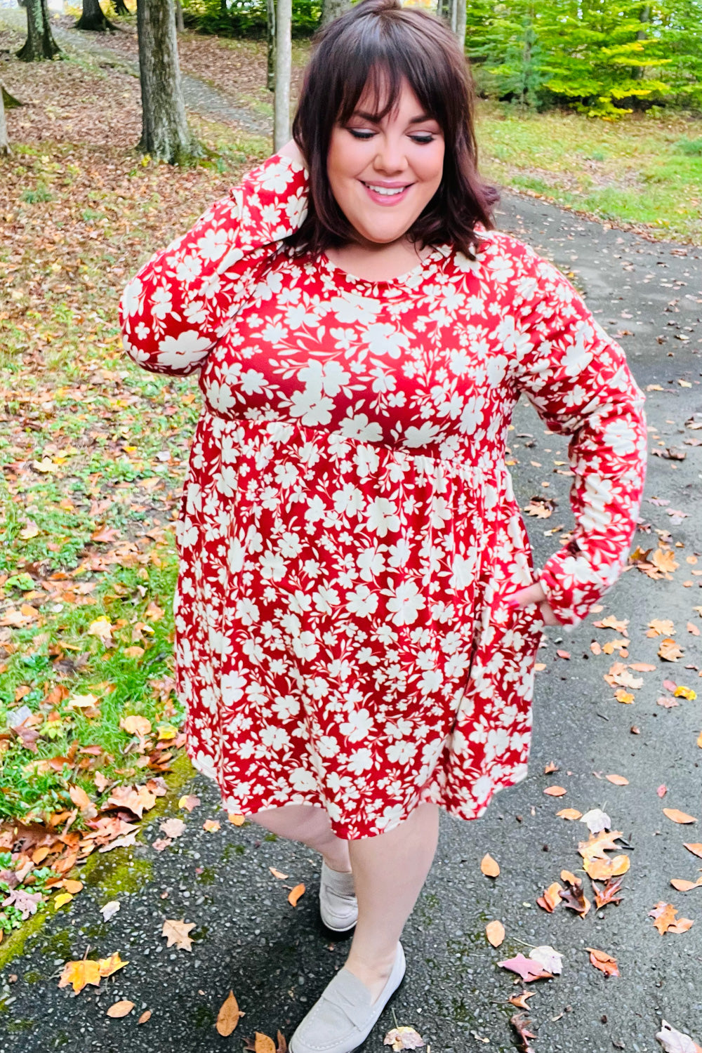 Just Be You Floral Long Sleeve Babydoll Dress • Rust