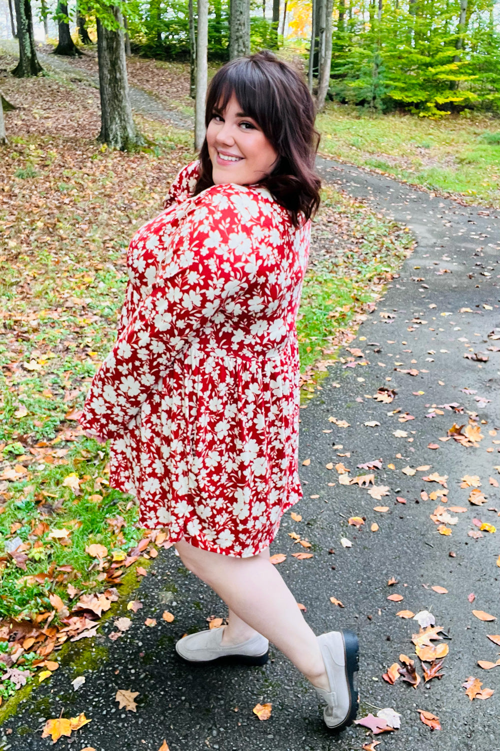 Just Be You Floral Long Sleeve Babydoll Dress • Rust