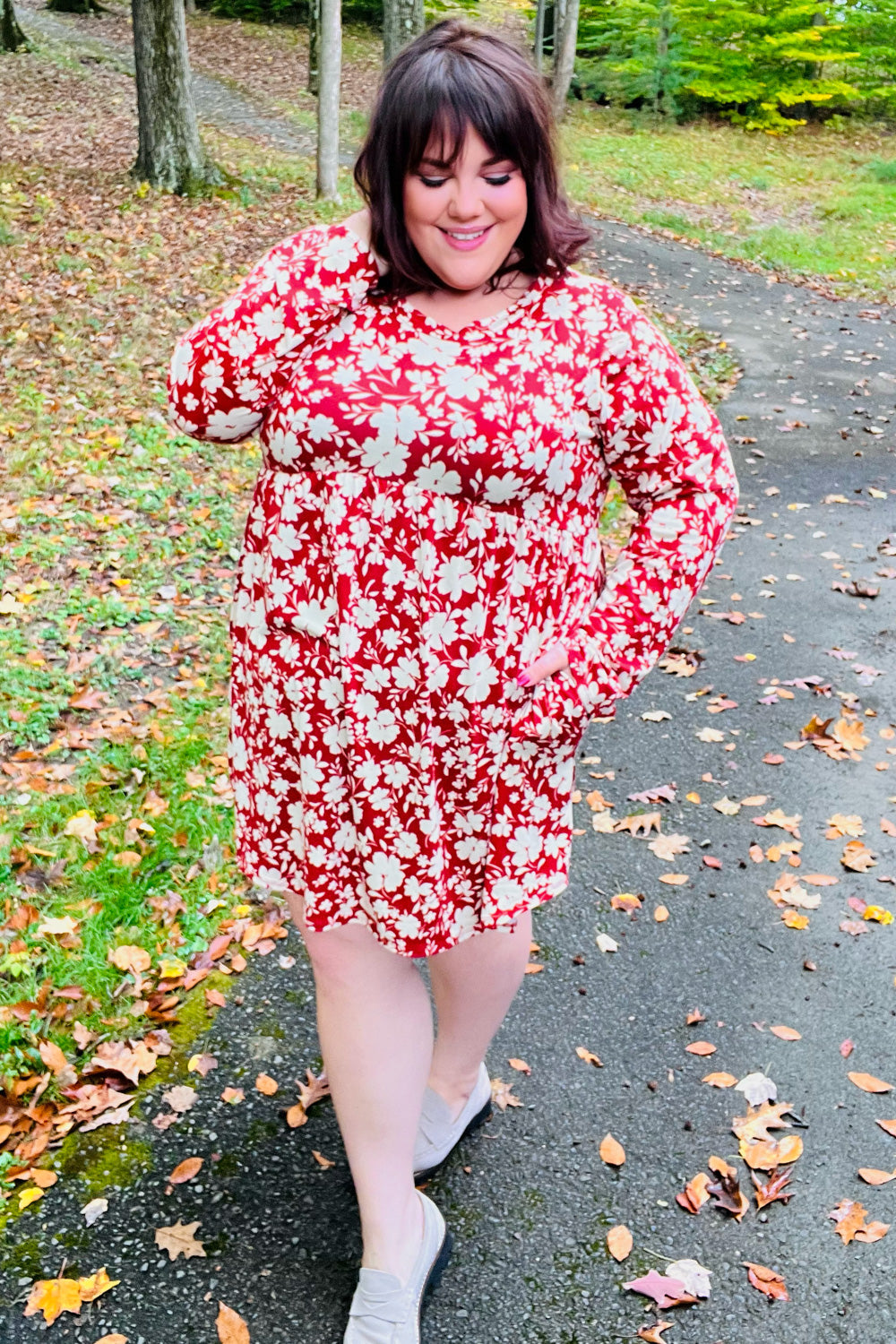 Just Be You Floral Long Sleeve Babydoll Dress • Rust
