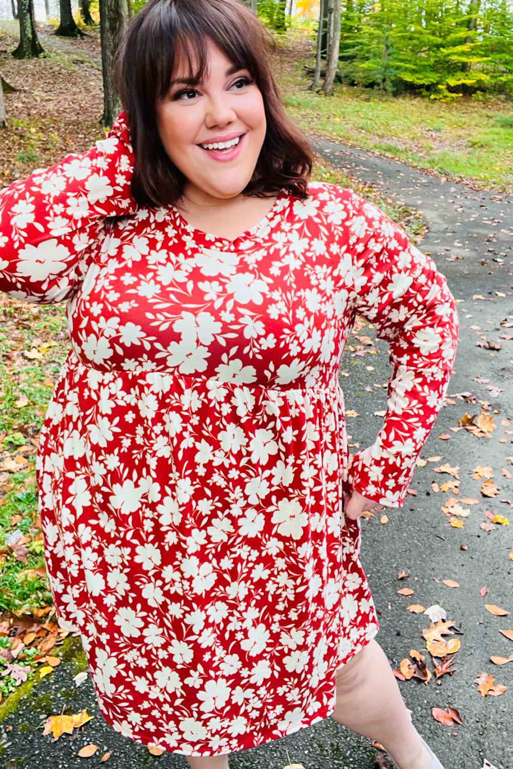 Just Be You Floral Long Sleeve Babydoll Dress • Rust