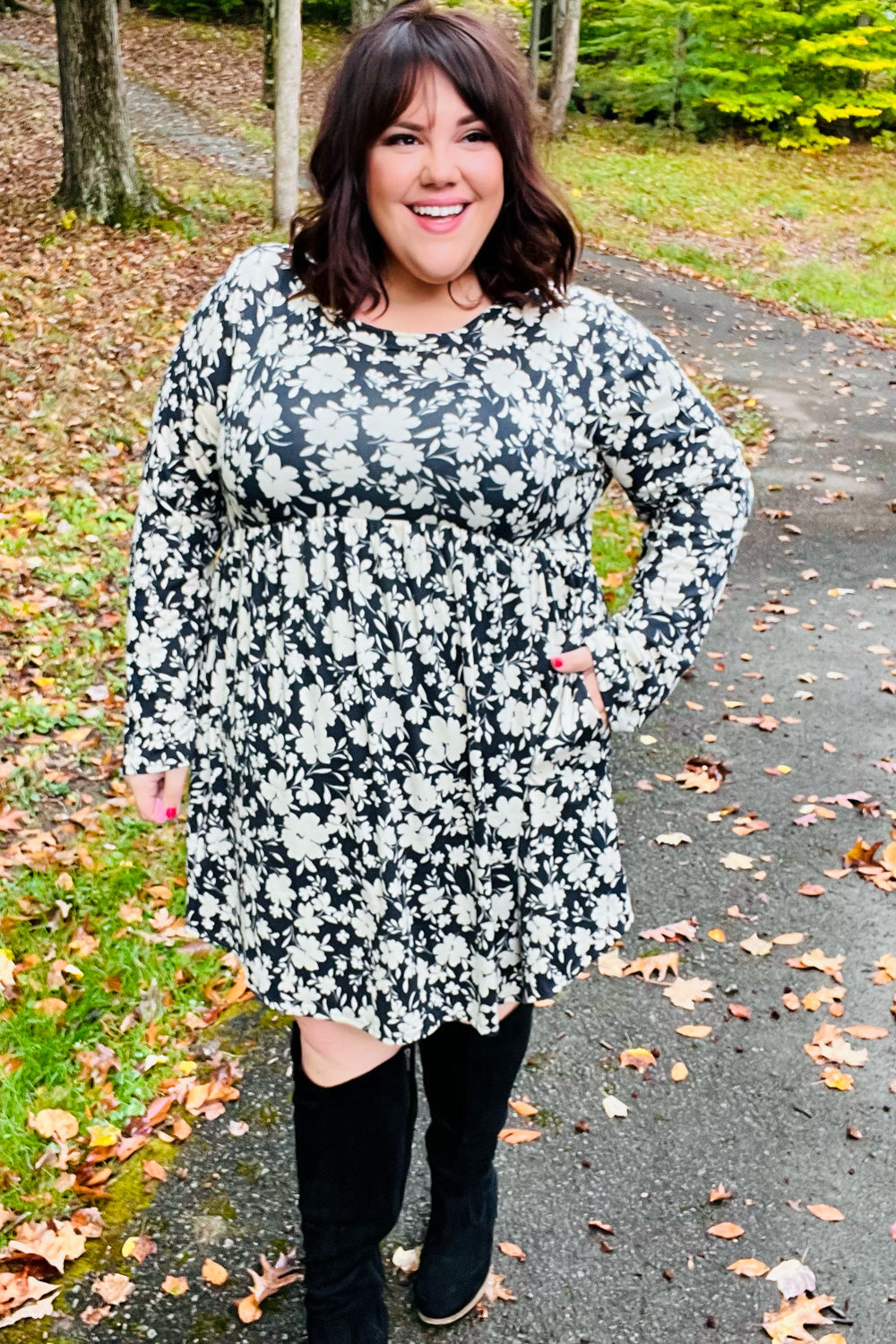 Just Be You Floral Long Sleeve Babydoll Dress • Charcoal Blue