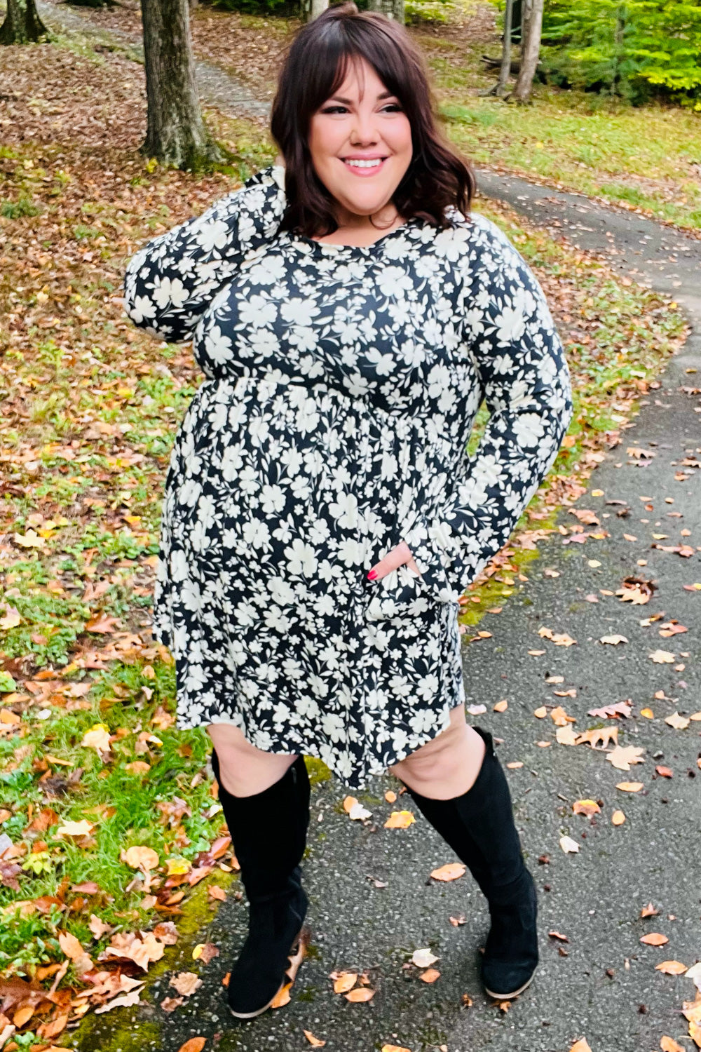 Just Be You Floral Long Sleeve Babydoll Dress • Charcoal Blue