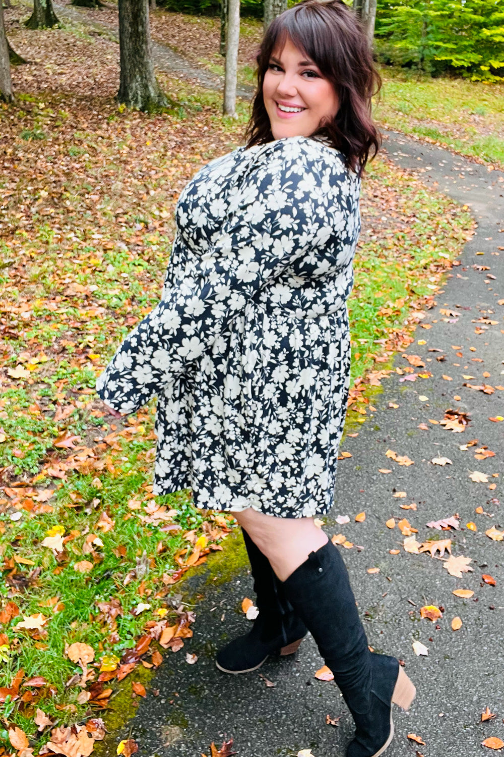 Just Be You Floral Long Sleeve Babydoll Dress • Charcoal Blue