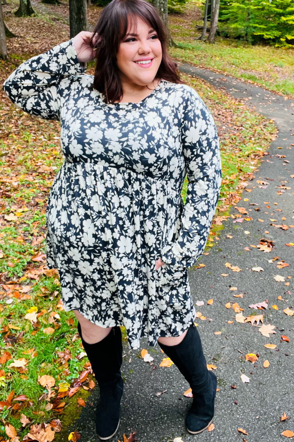 Just Be You Floral Long Sleeve Babydoll Dress • Charcoal Blue