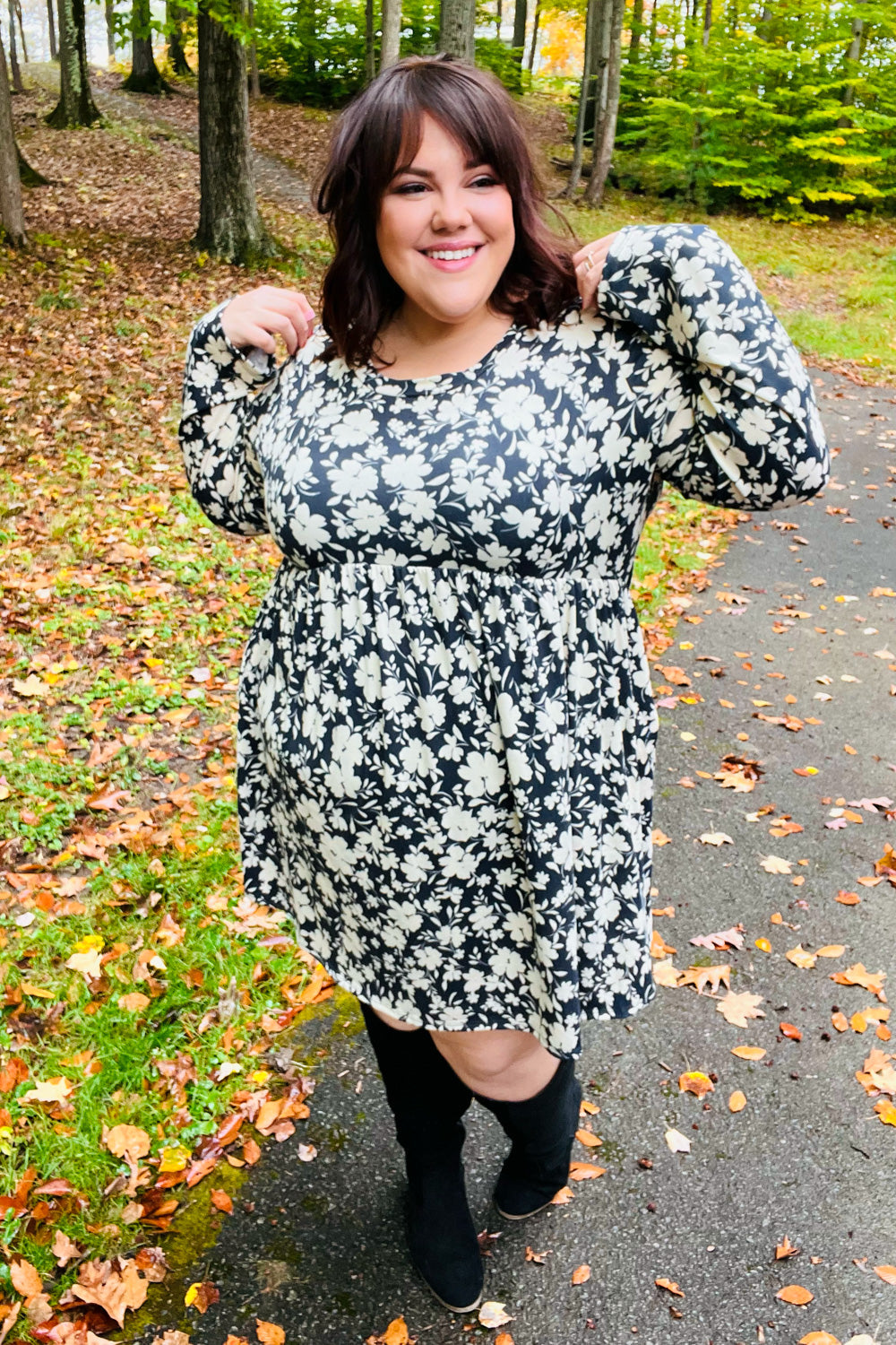 Just Be You Floral Long Sleeve Babydoll Dress • Charcoal Blue