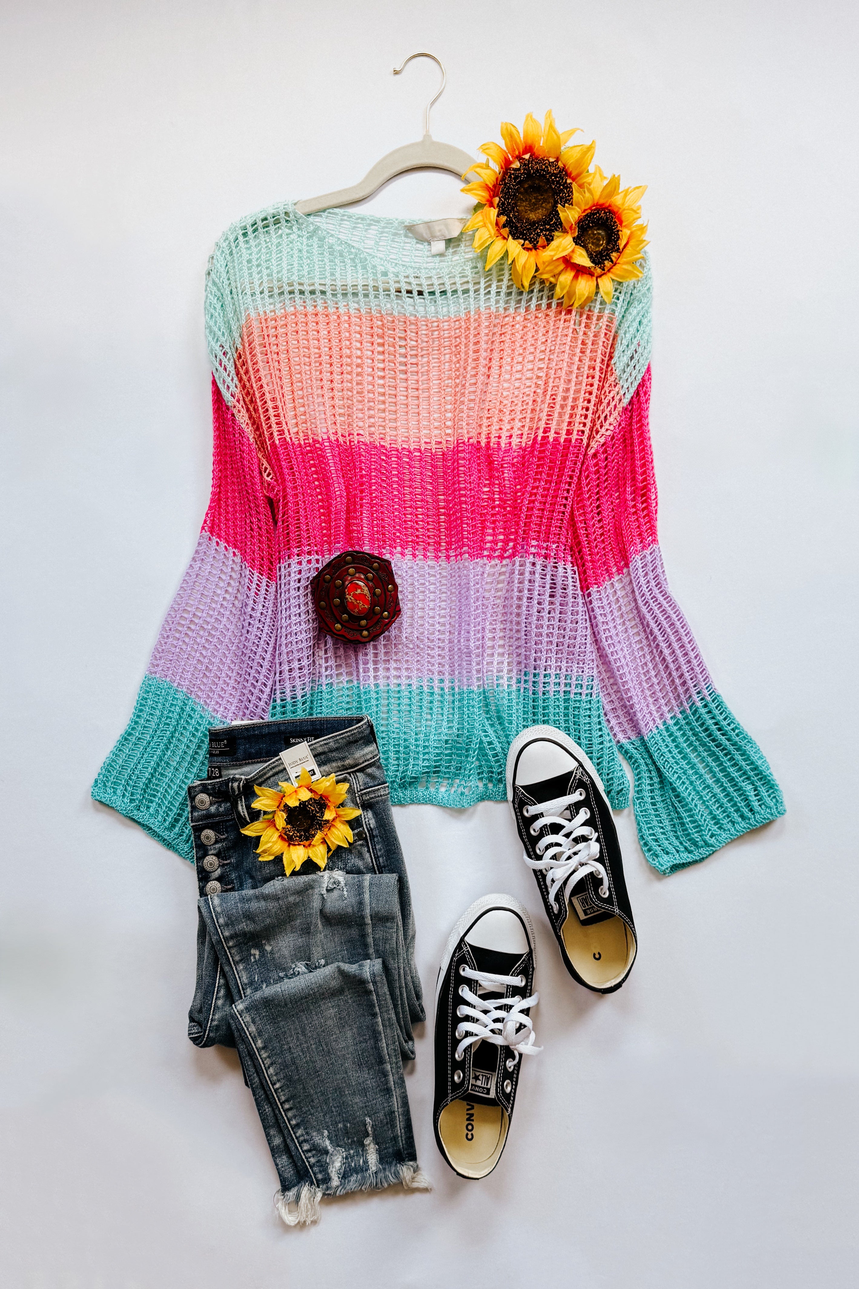 Friend Of A Friend Striped Bell Sleeve Crochet Mesh Pullover