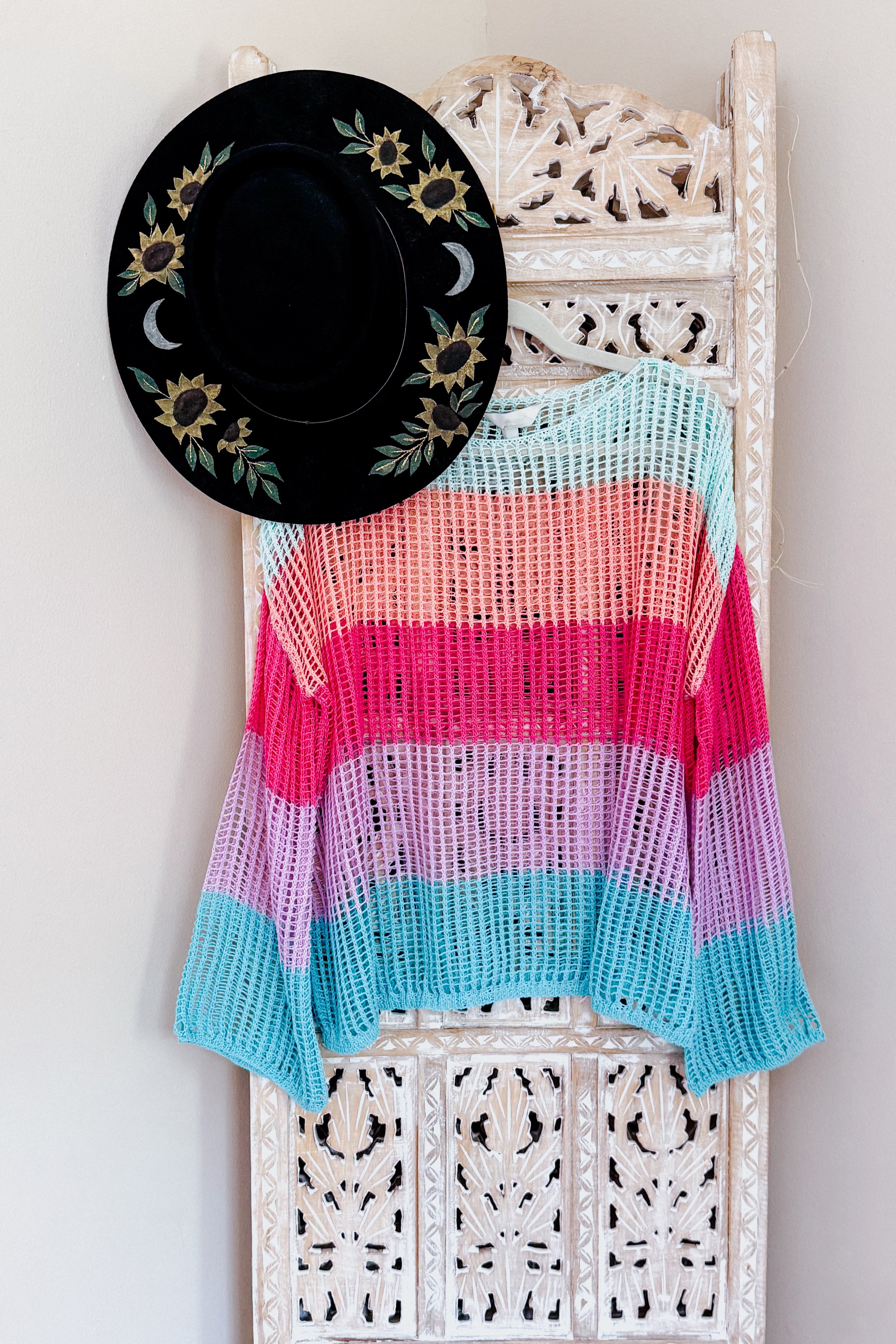 Friend Of A Friend Striped Bell Sleeve Crochet Mesh Pullover