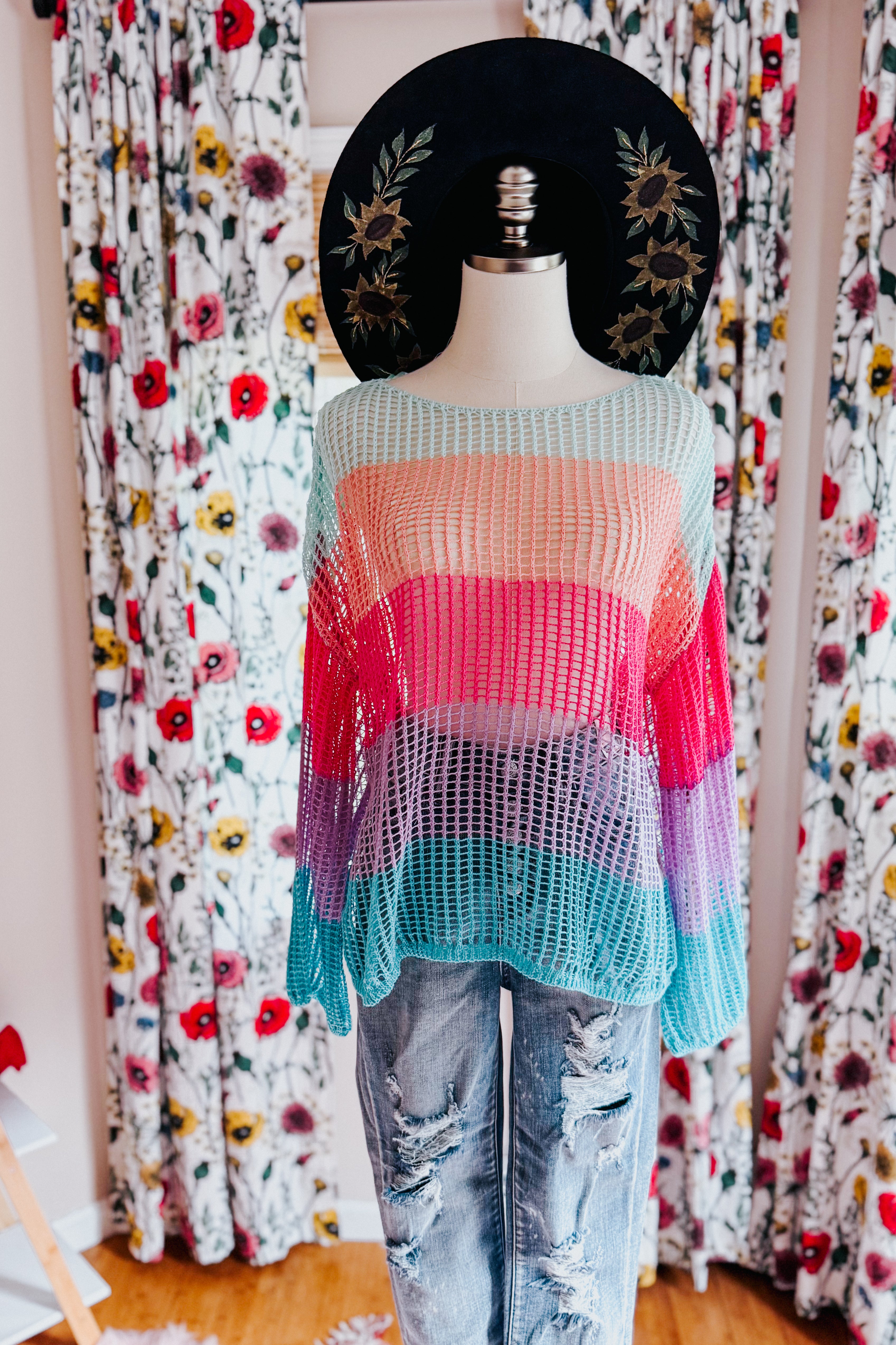 Friend Of A Friend Striped Bell Sleeve Crochet Mesh Pullover