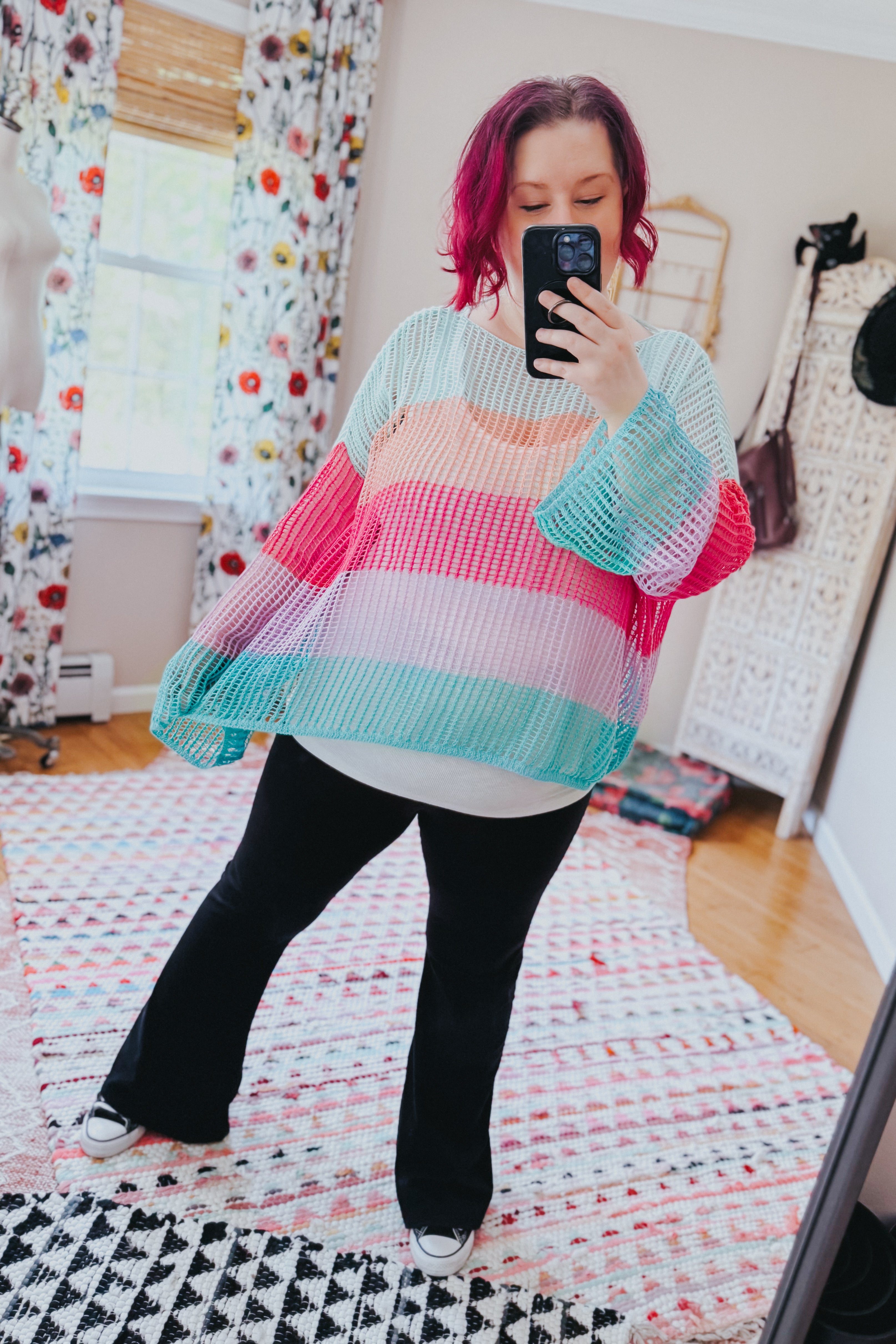 Friend Of A Friend Striped Bell Sleeve Crochet Mesh Pullover