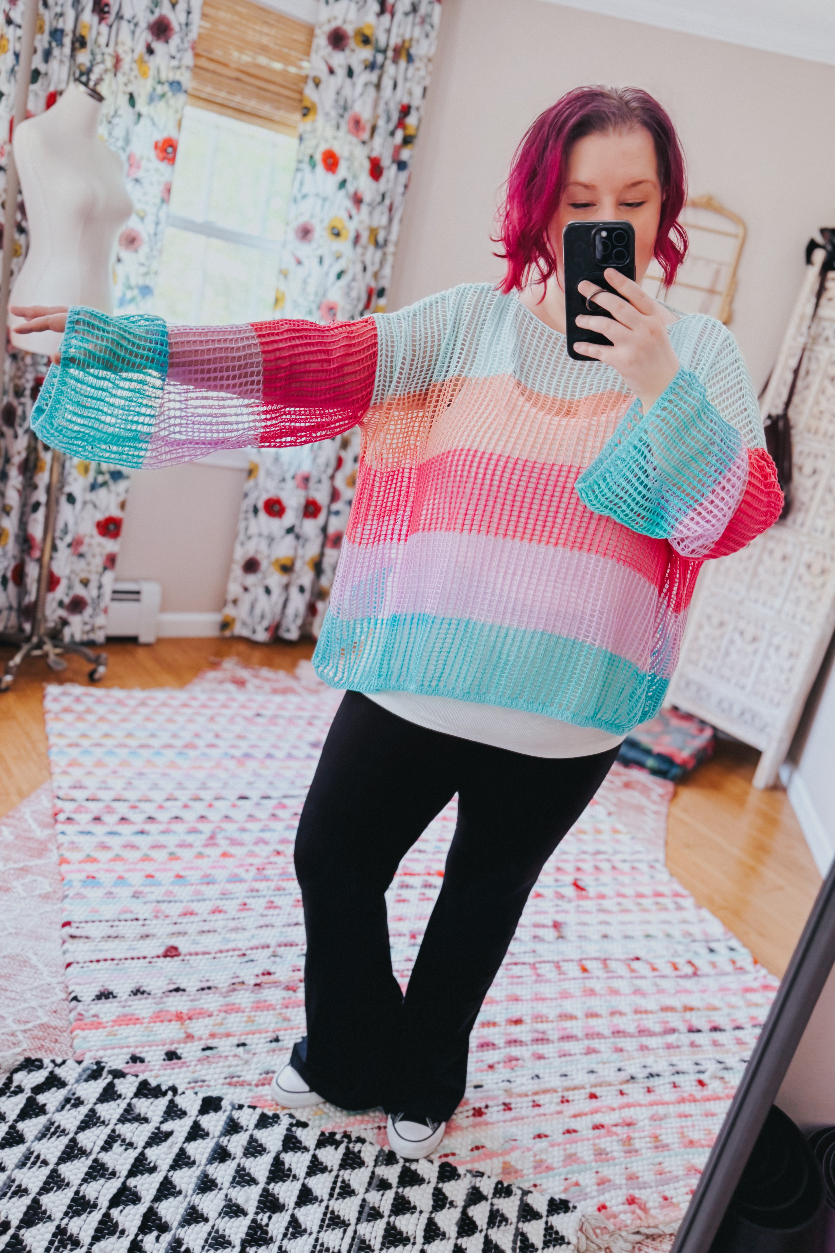 Friend Of A Friend Striped Bell Sleeve Crochet Mesh Pullover