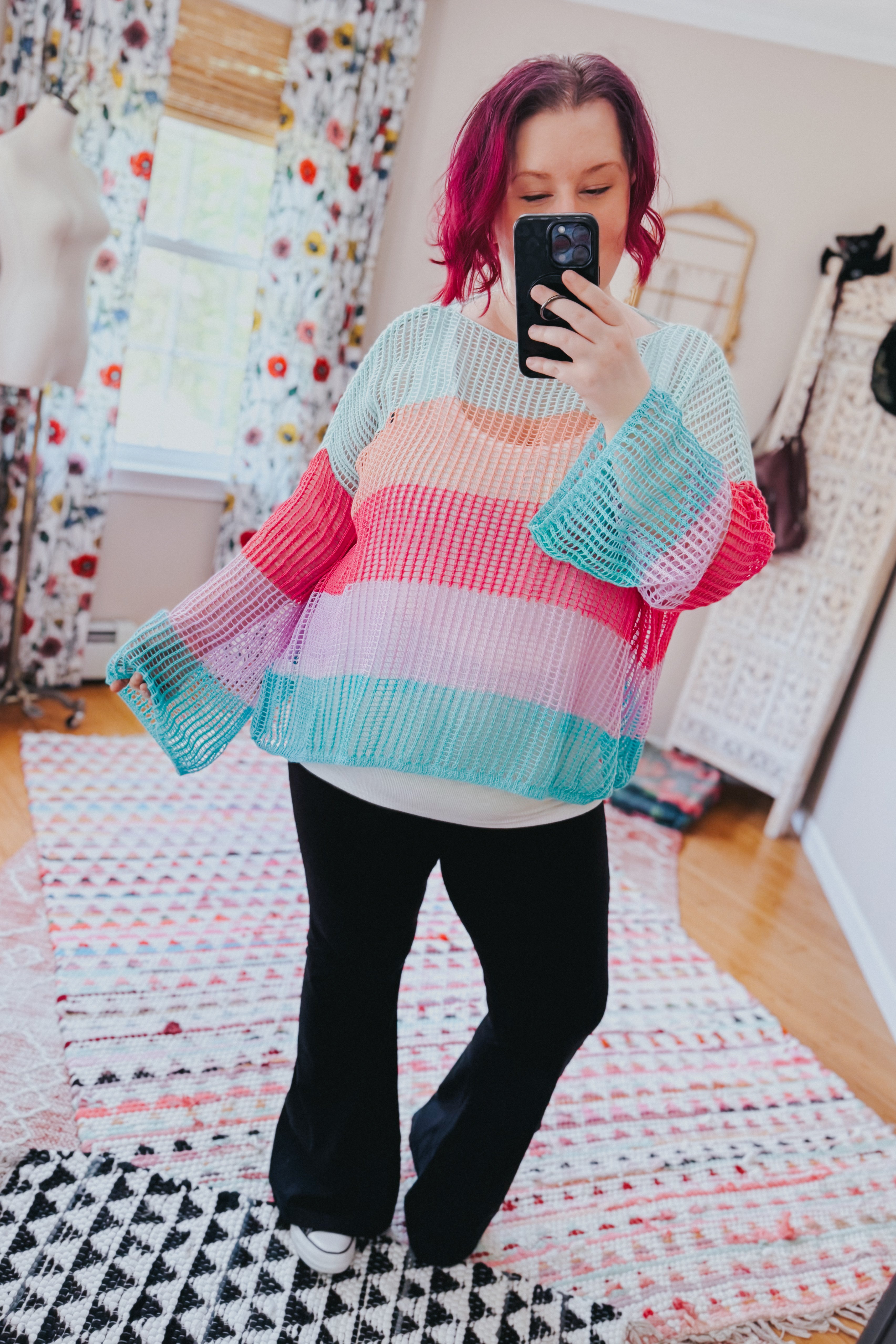 Friend Of A Friend Striped Bell Sleeve Crochet Mesh Pullover