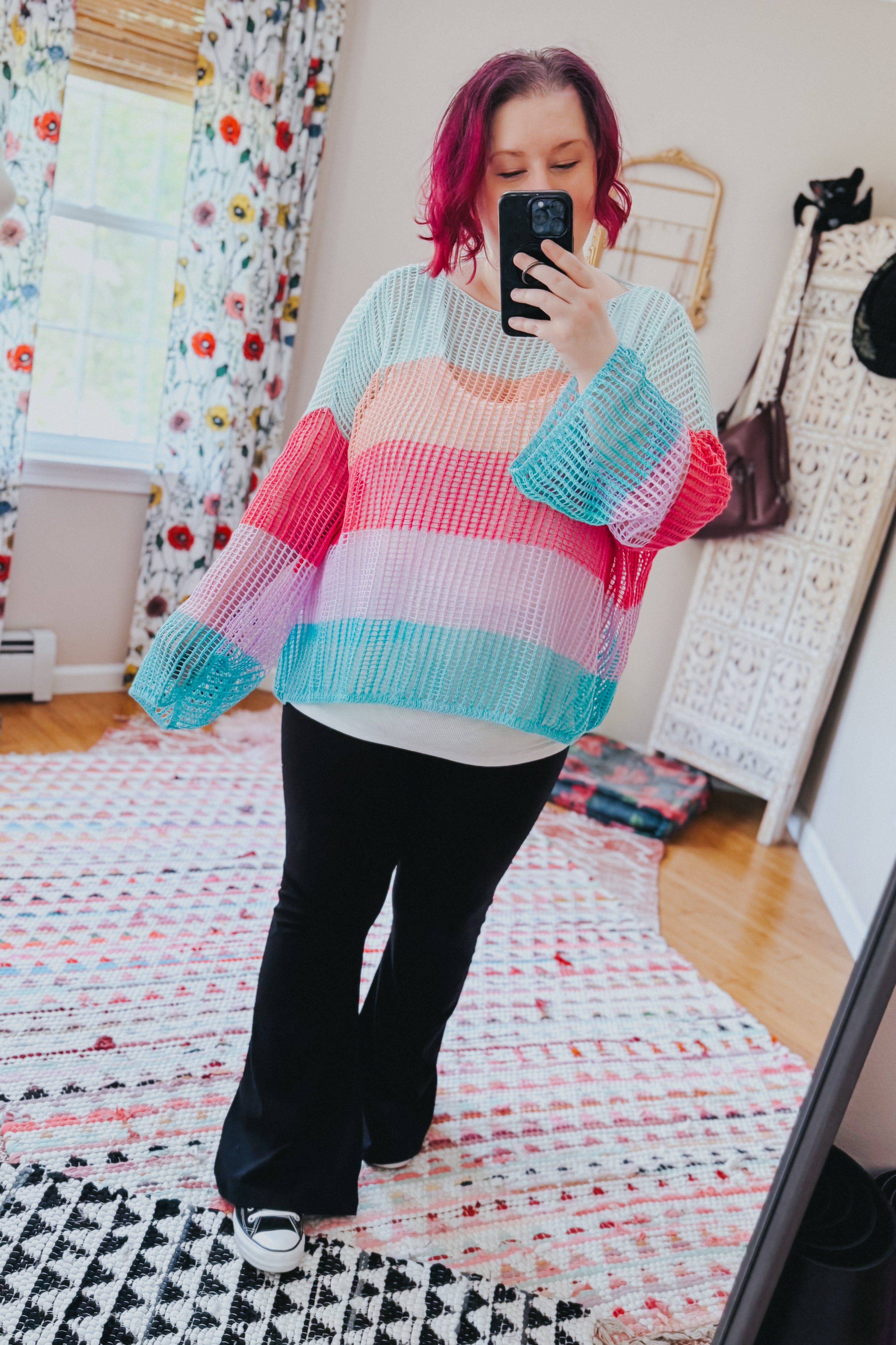 Friend Of A Friend Striped Bell Sleeve Crochet Mesh Pullover