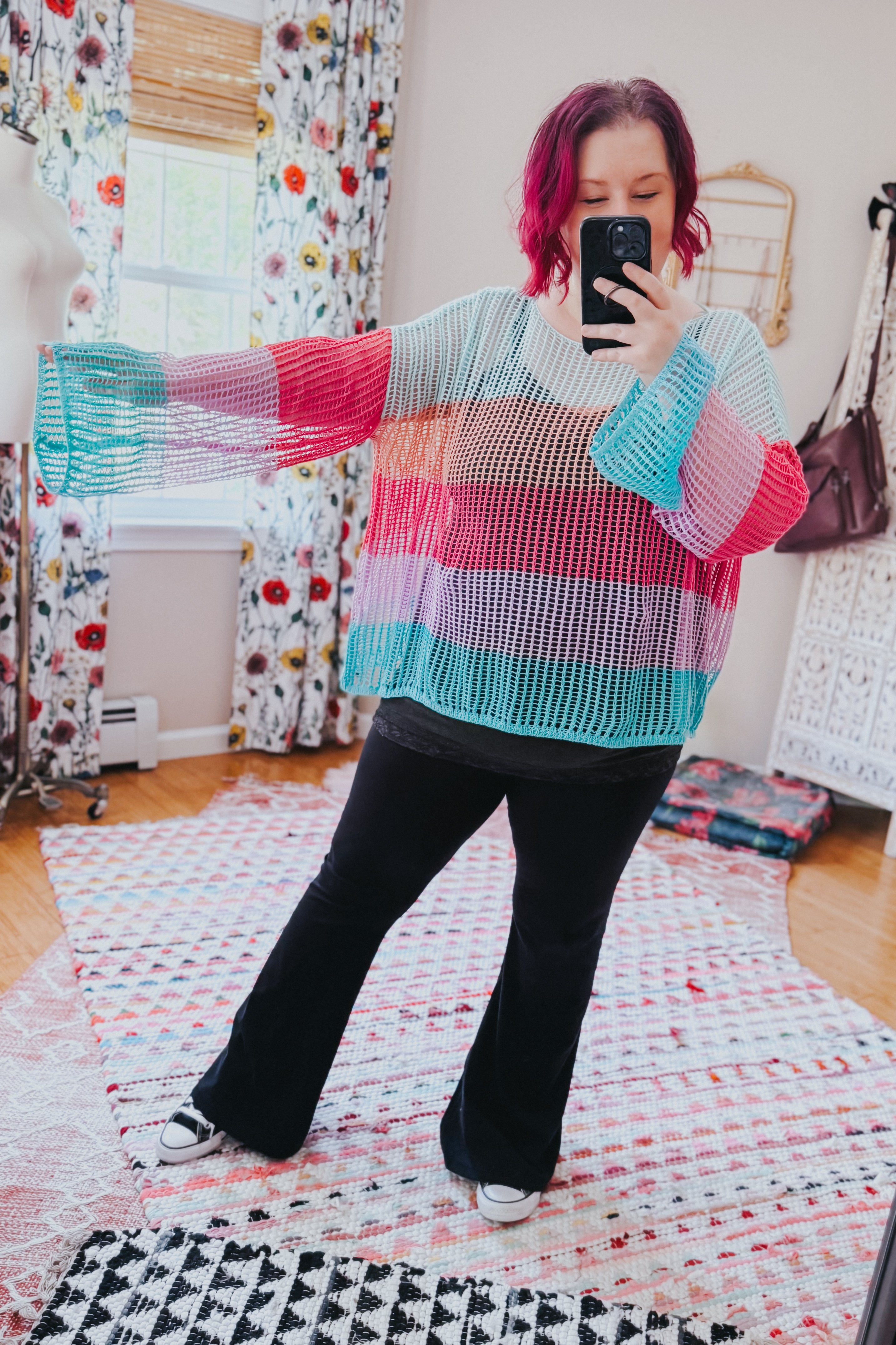Friend Of A Friend Striped Bell Sleeve Crochet Mesh Pullover