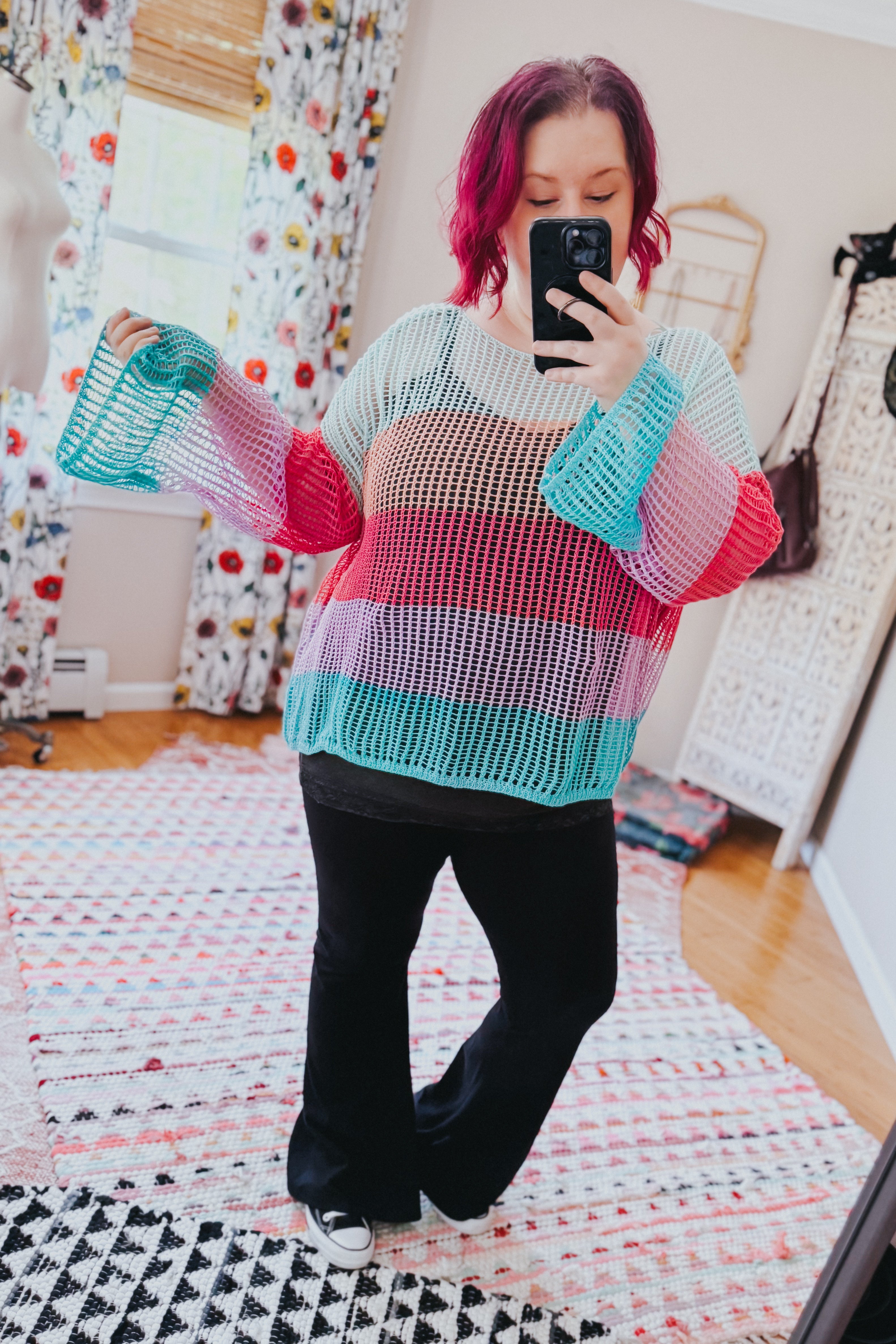 Friend Of A Friend Striped Bell Sleeve Crochet Mesh Pullover