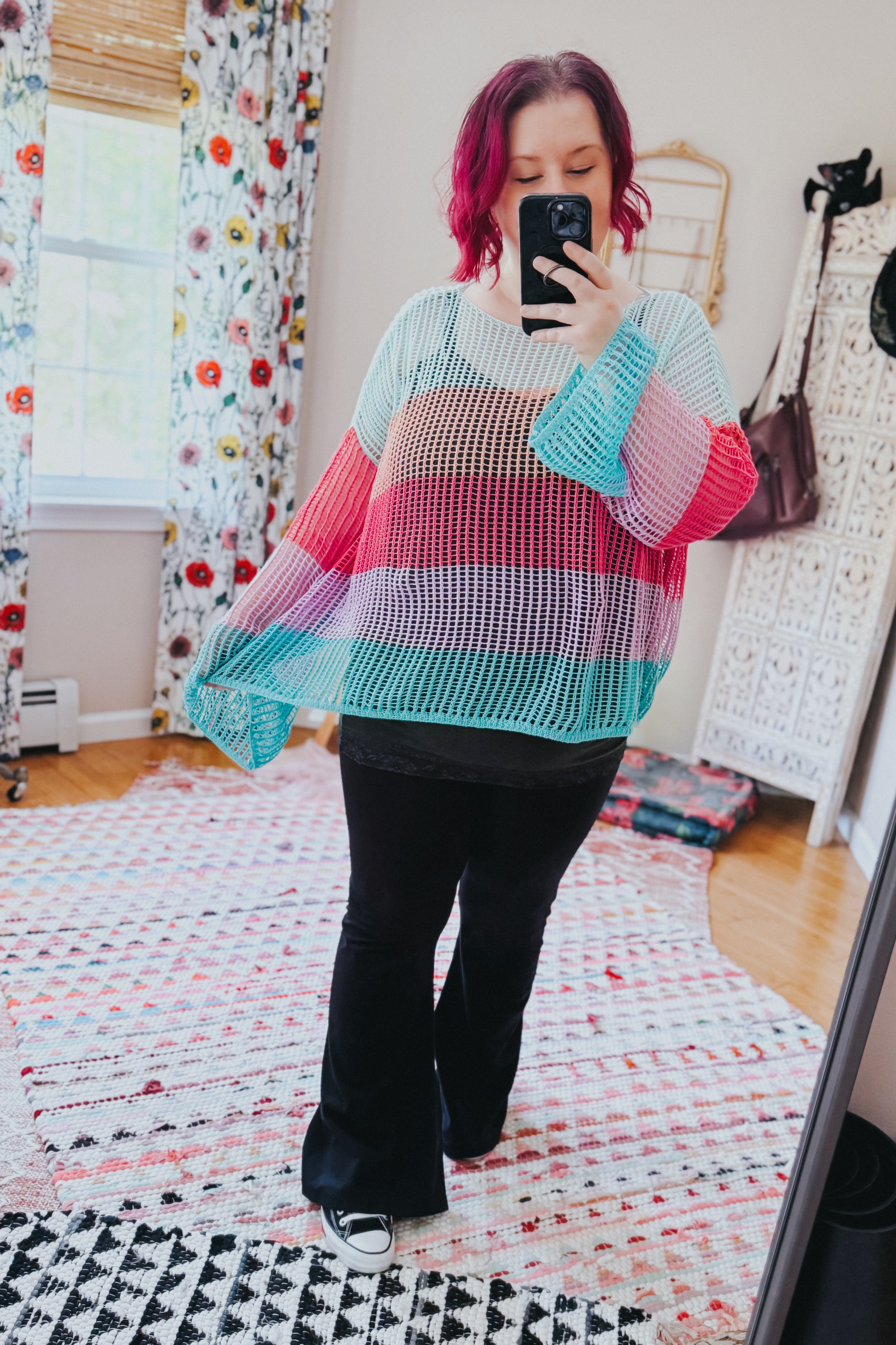 Friend Of A Friend Striped Bell Sleeve Crochet Mesh Pullover