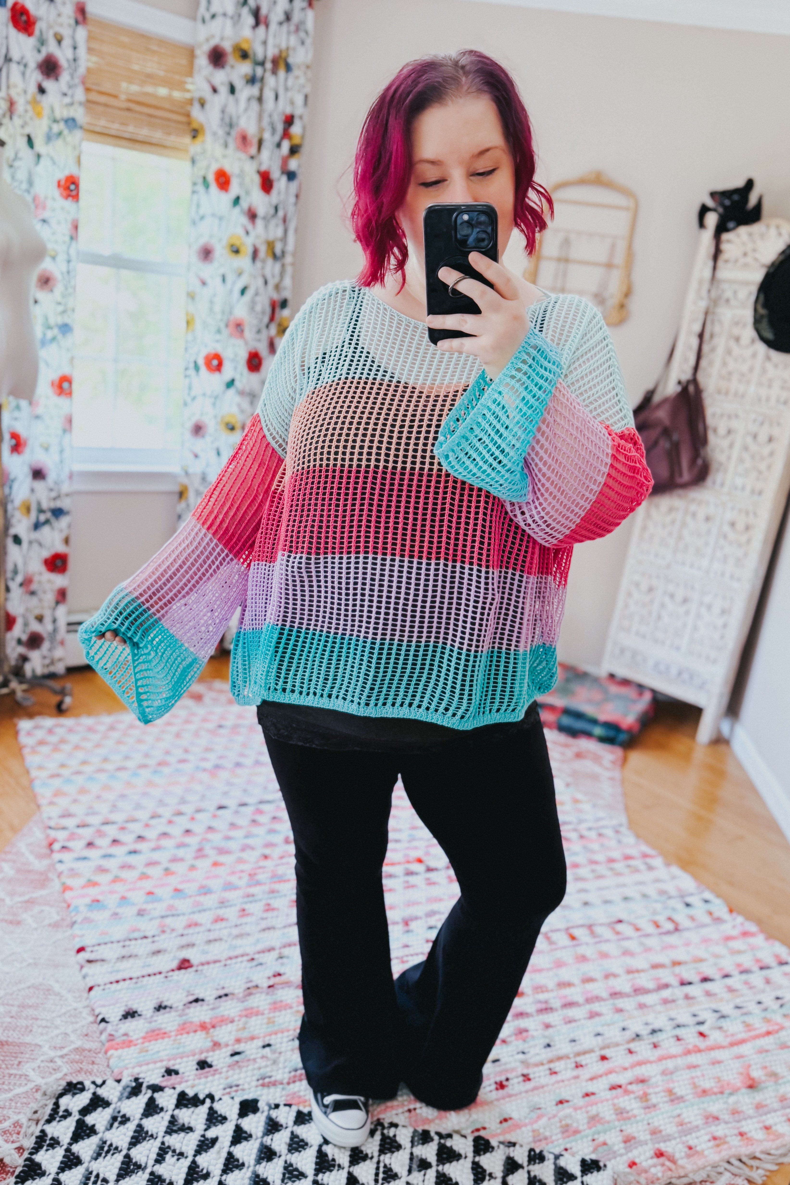 Friend Of A Friend Striped Bell Sleeve Crochet Mesh Pullover
