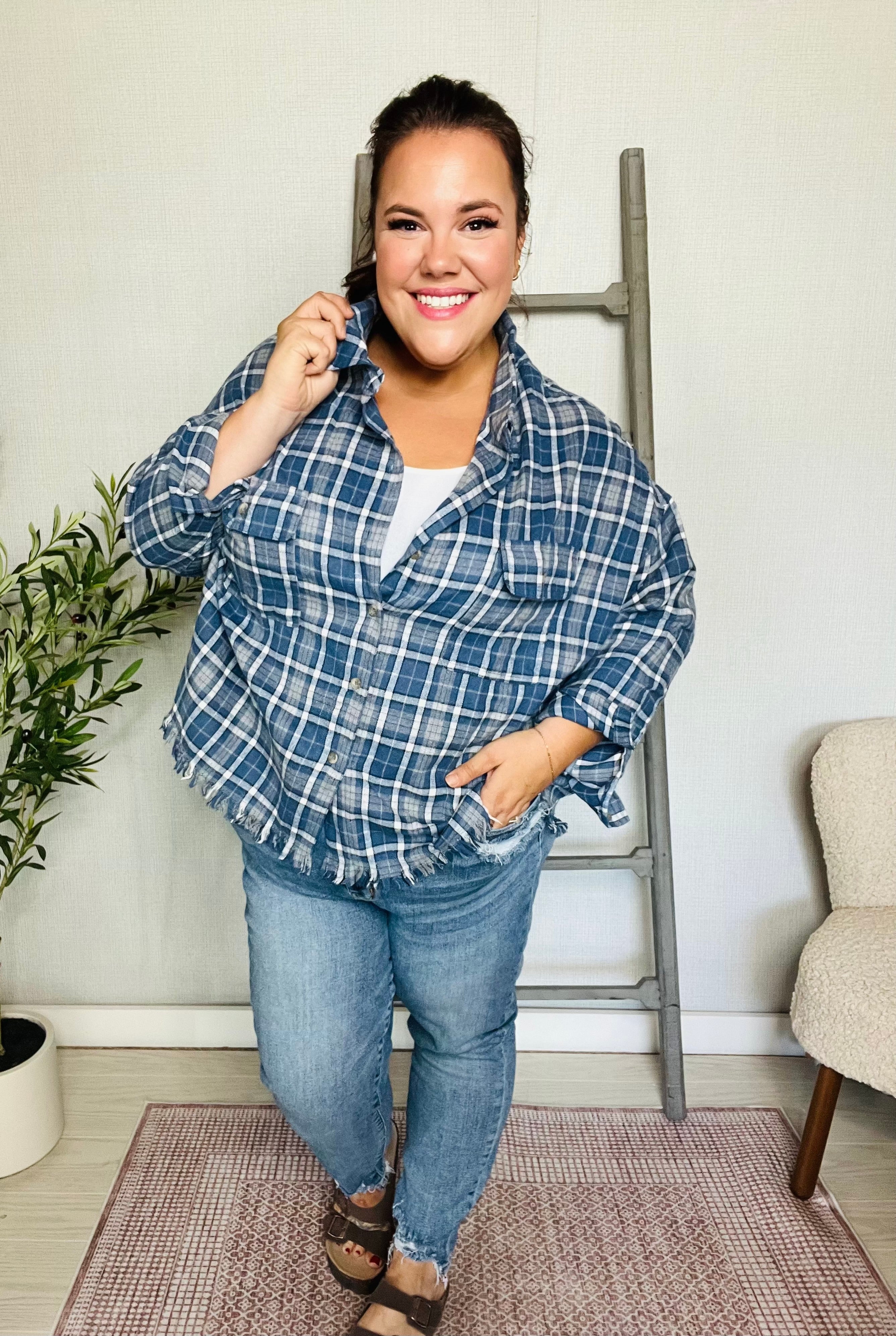 Perfect Find Plaid Dolman Button Up Shirt • Blue