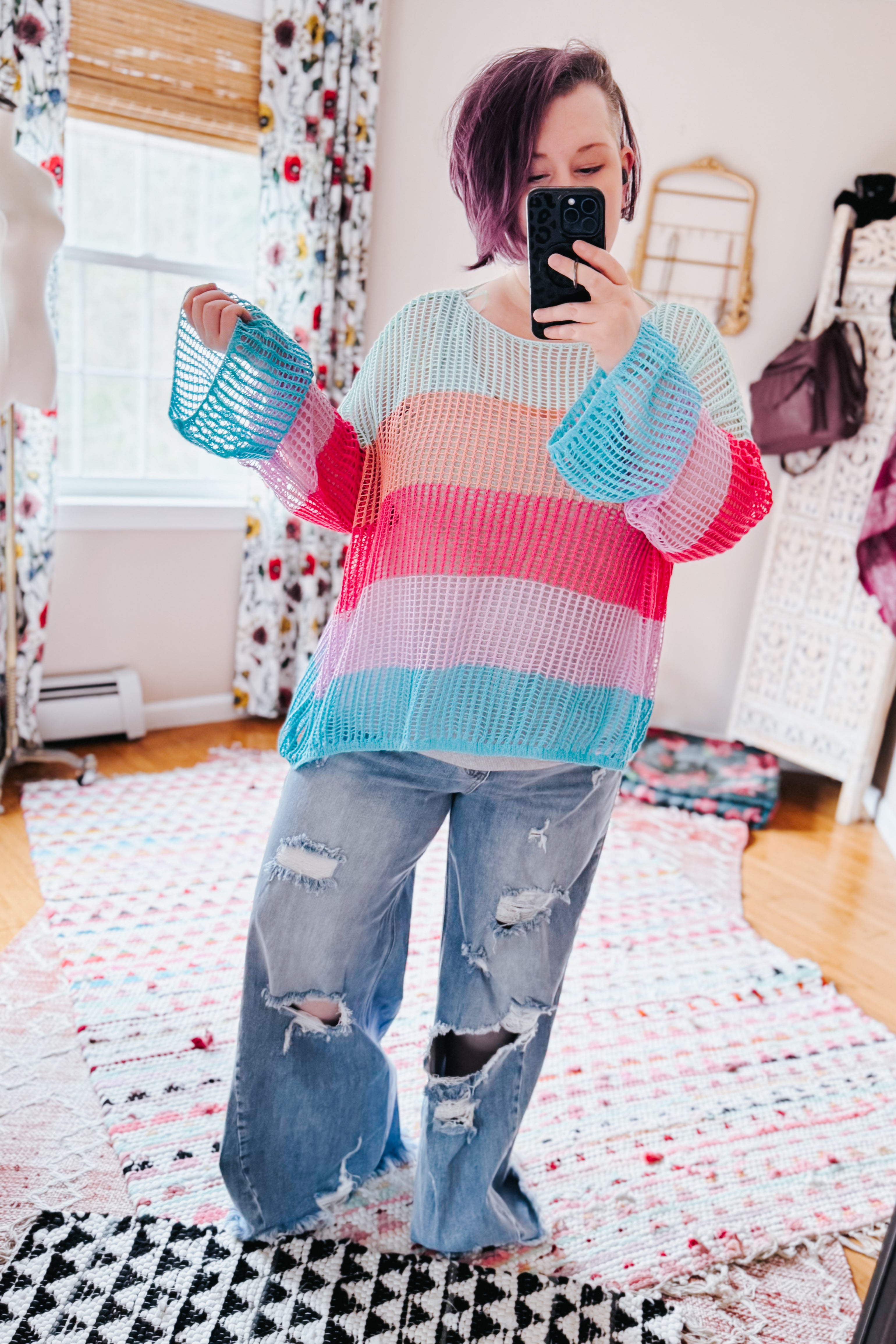 Friend Of A Friend Striped Bell Sleeve Crochet Mesh Pullover
