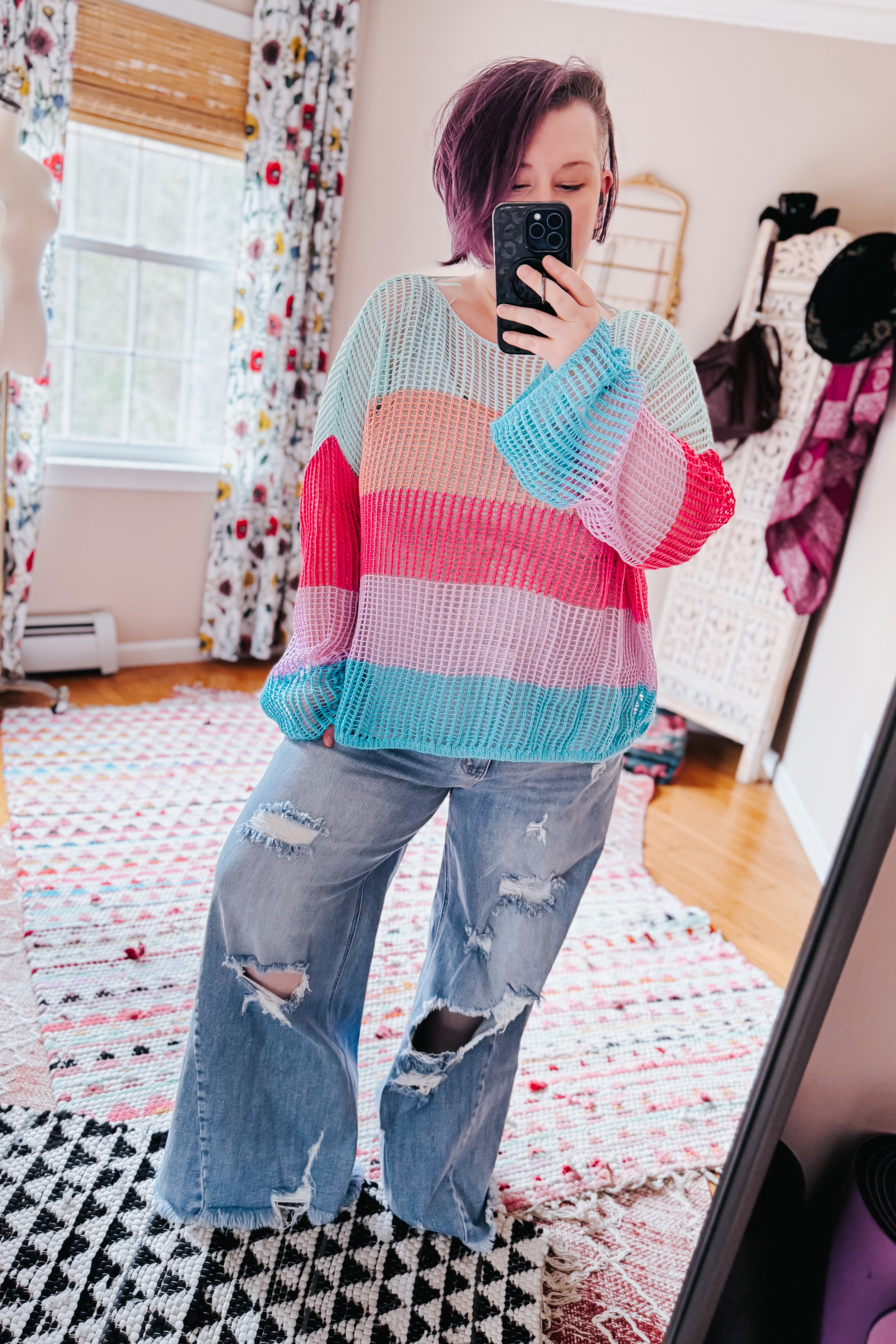 Friend Of A Friend Striped Bell Sleeve Crochet Mesh Pullover