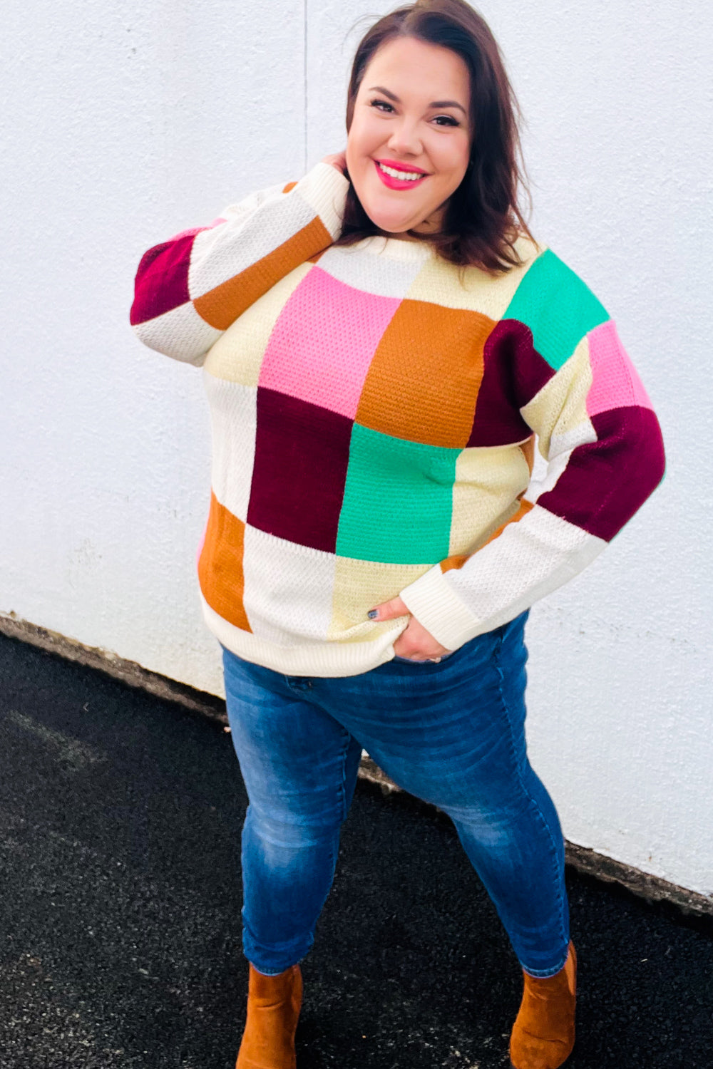 Adorable In Checker Jacquard Knit Sweater