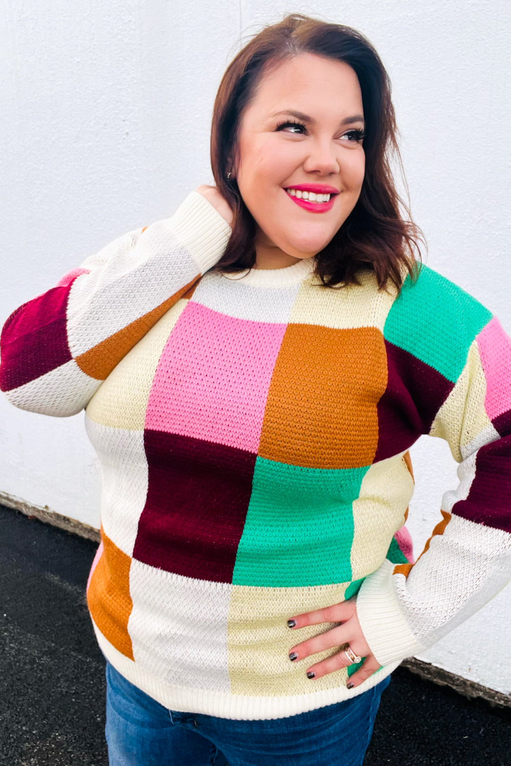 Adorable In Checker Jacquard Knit Sweater