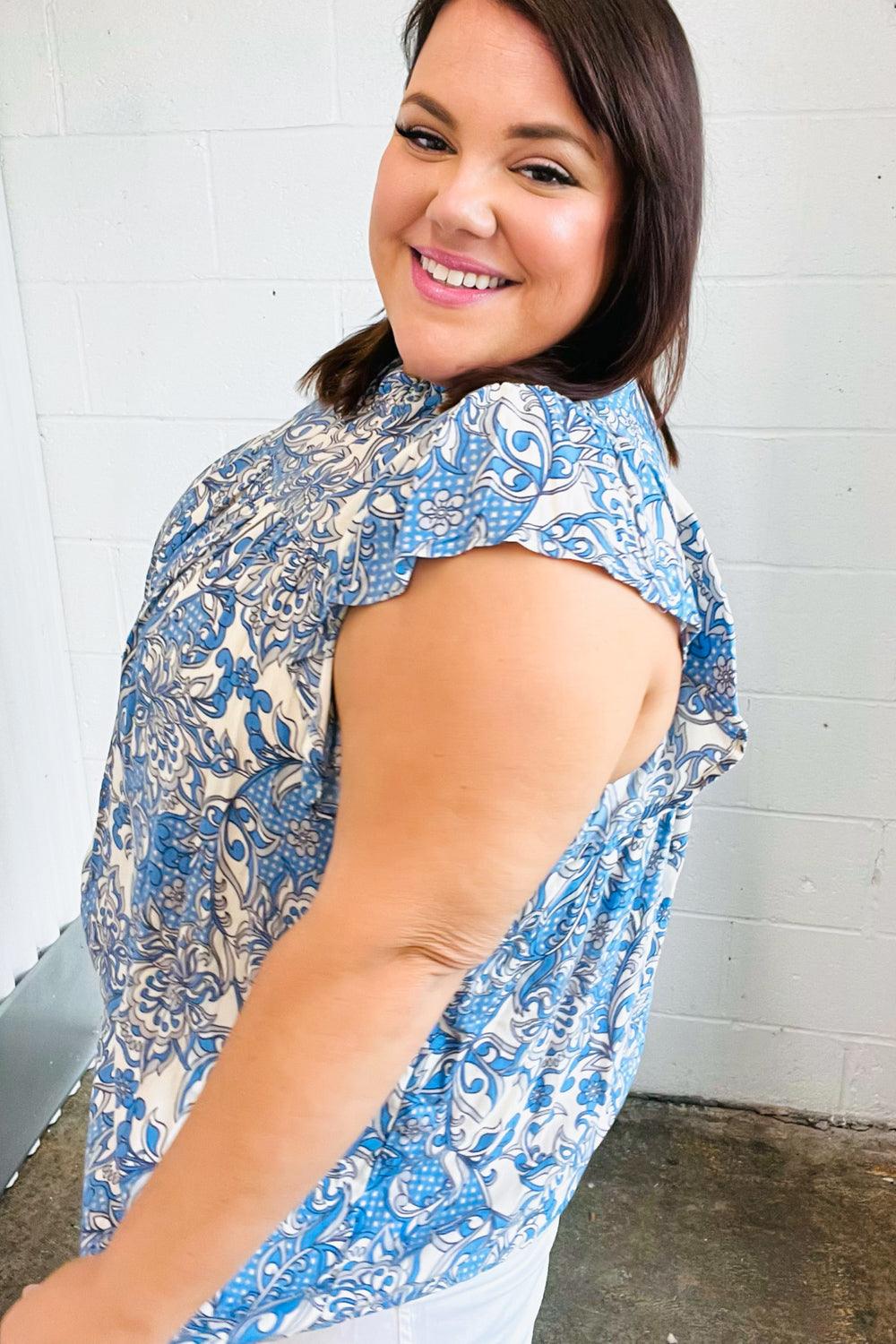 Maggie Paisley Mock Neck Flutter Sleeve Top - Atomic Wildflower