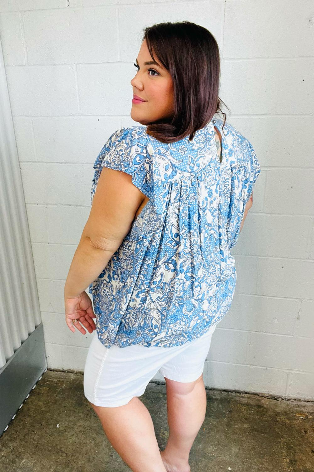 Maggie Paisley Mock Neck Flutter Sleeve Top - Atomic Wildflower