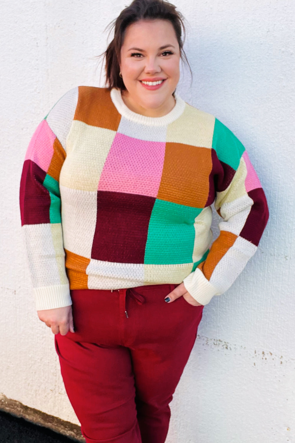 Adorable In Checker Jacquard Knit Sweater