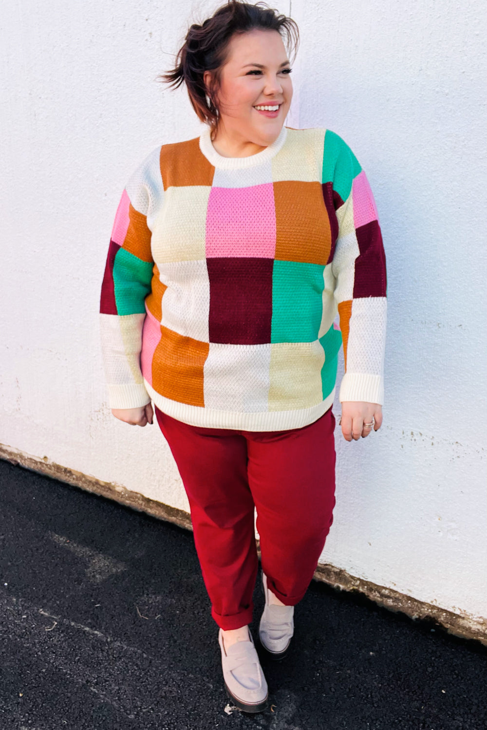Adorable In Checker Jacquard Knit Sweater