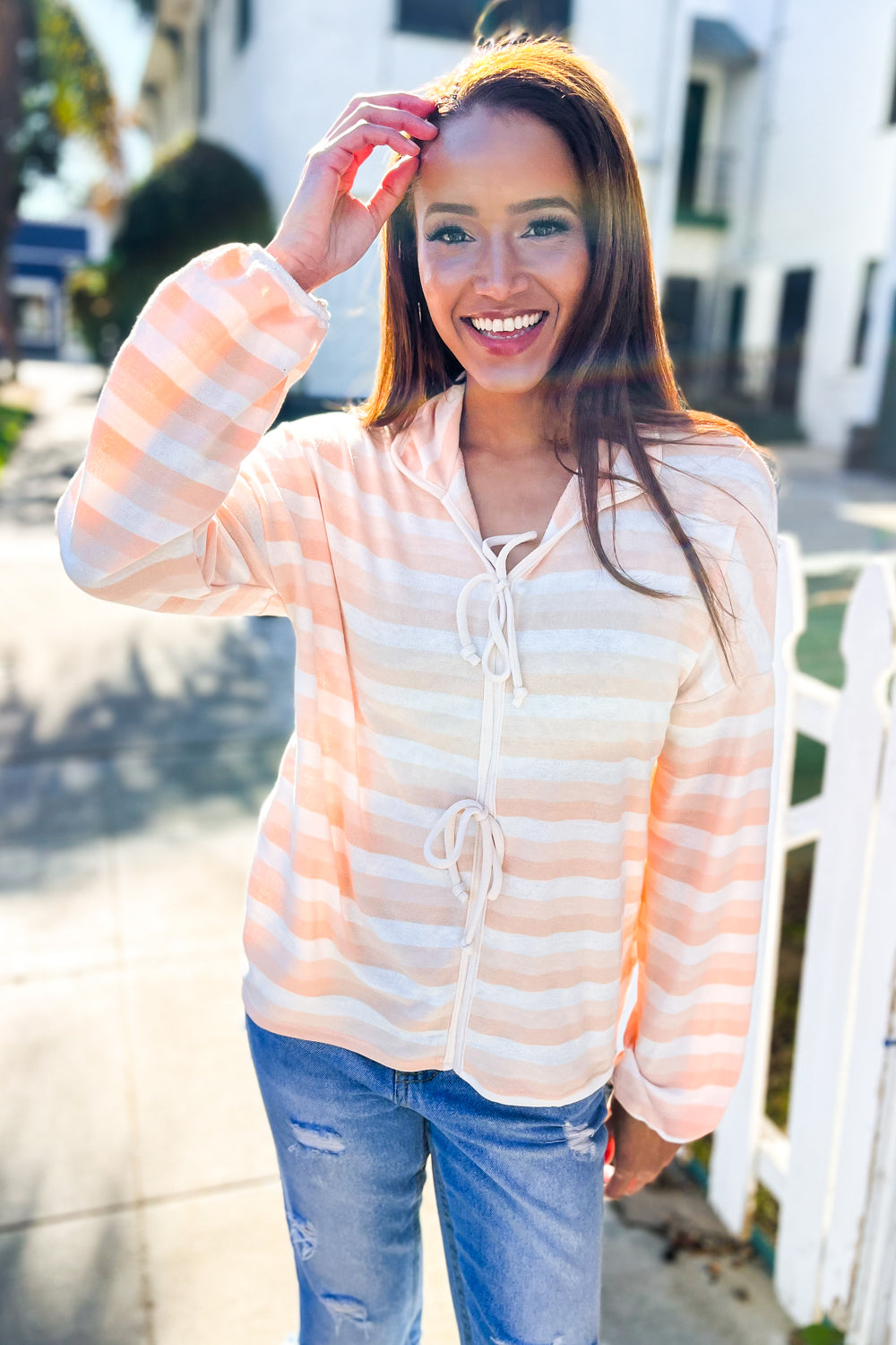 What You Say Striped Bow Tie Terry Top • Beige