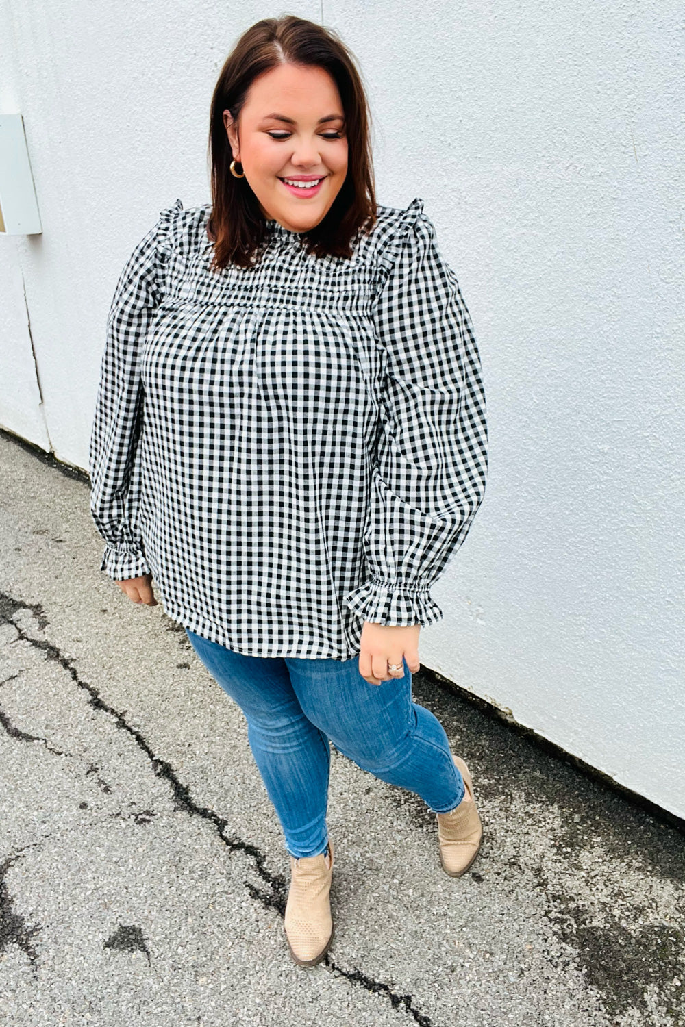 Adorable in Gingham Shirred Mock Neck Top • Black