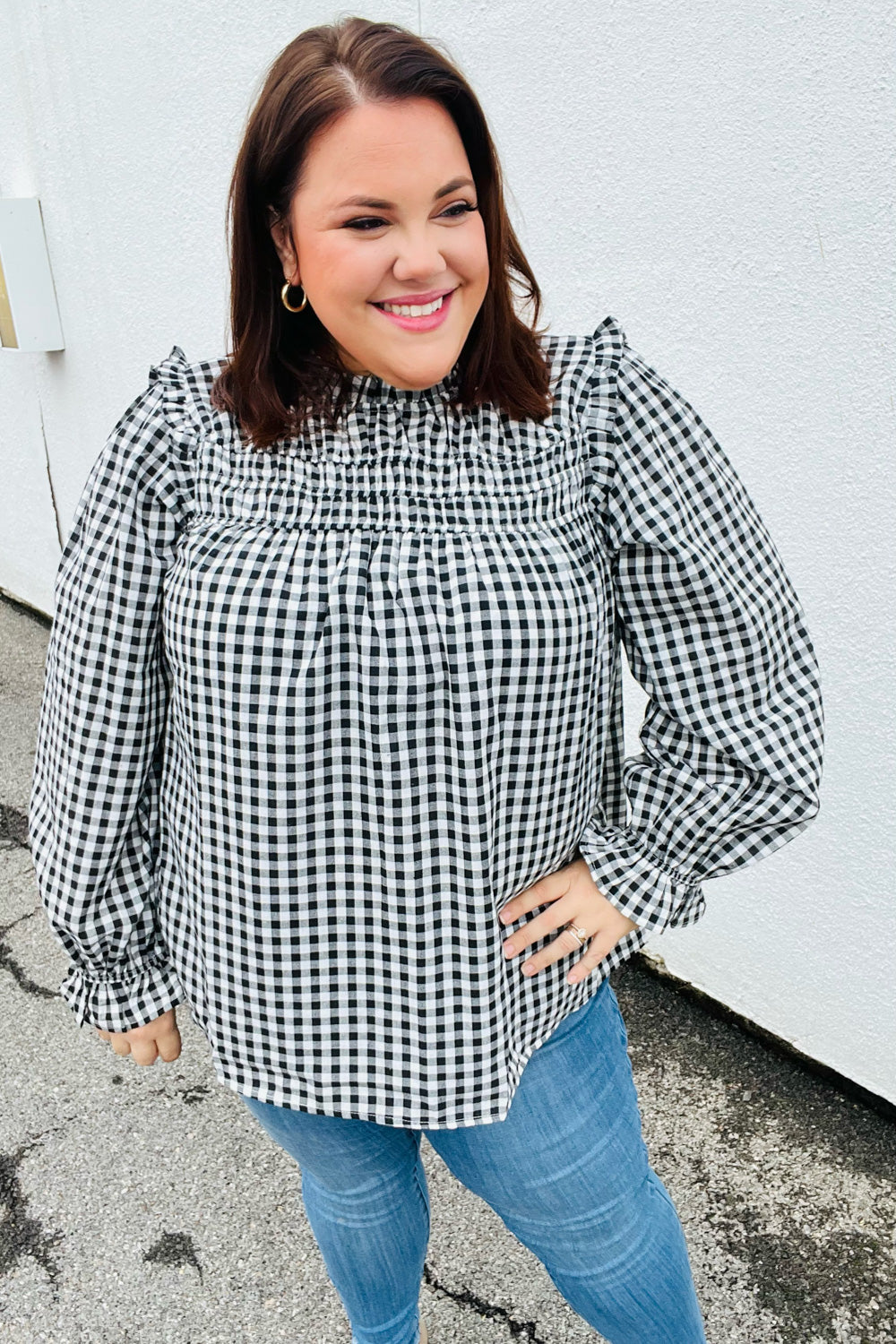 Adorable in Gingham Shirred Mock Neck Top • Black