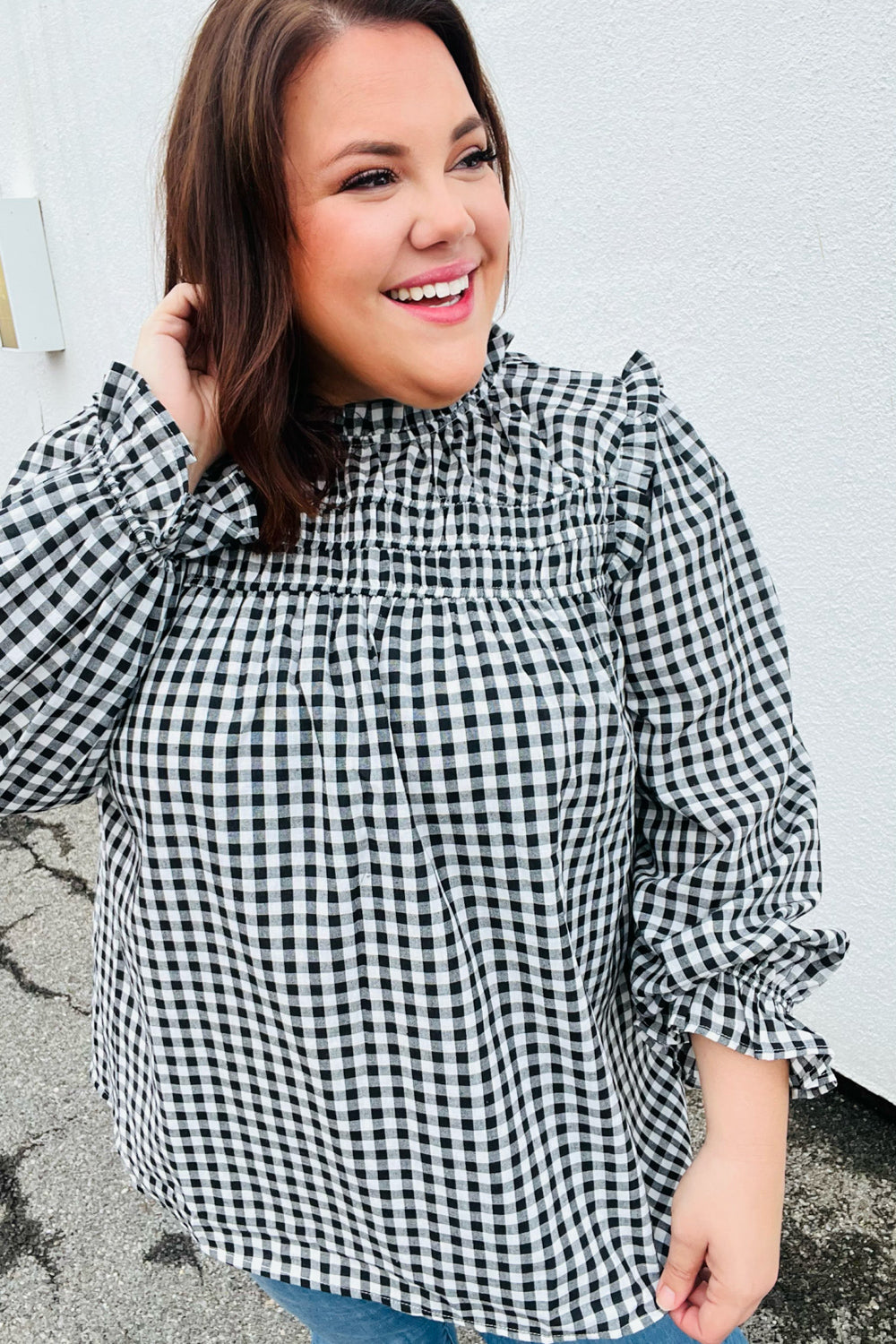 Adorable in Gingham Shirred Mock Neck Top • Black
