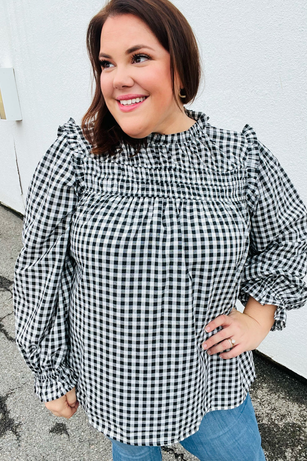 Adorable in Gingham Shirred Mock Neck Top • Black