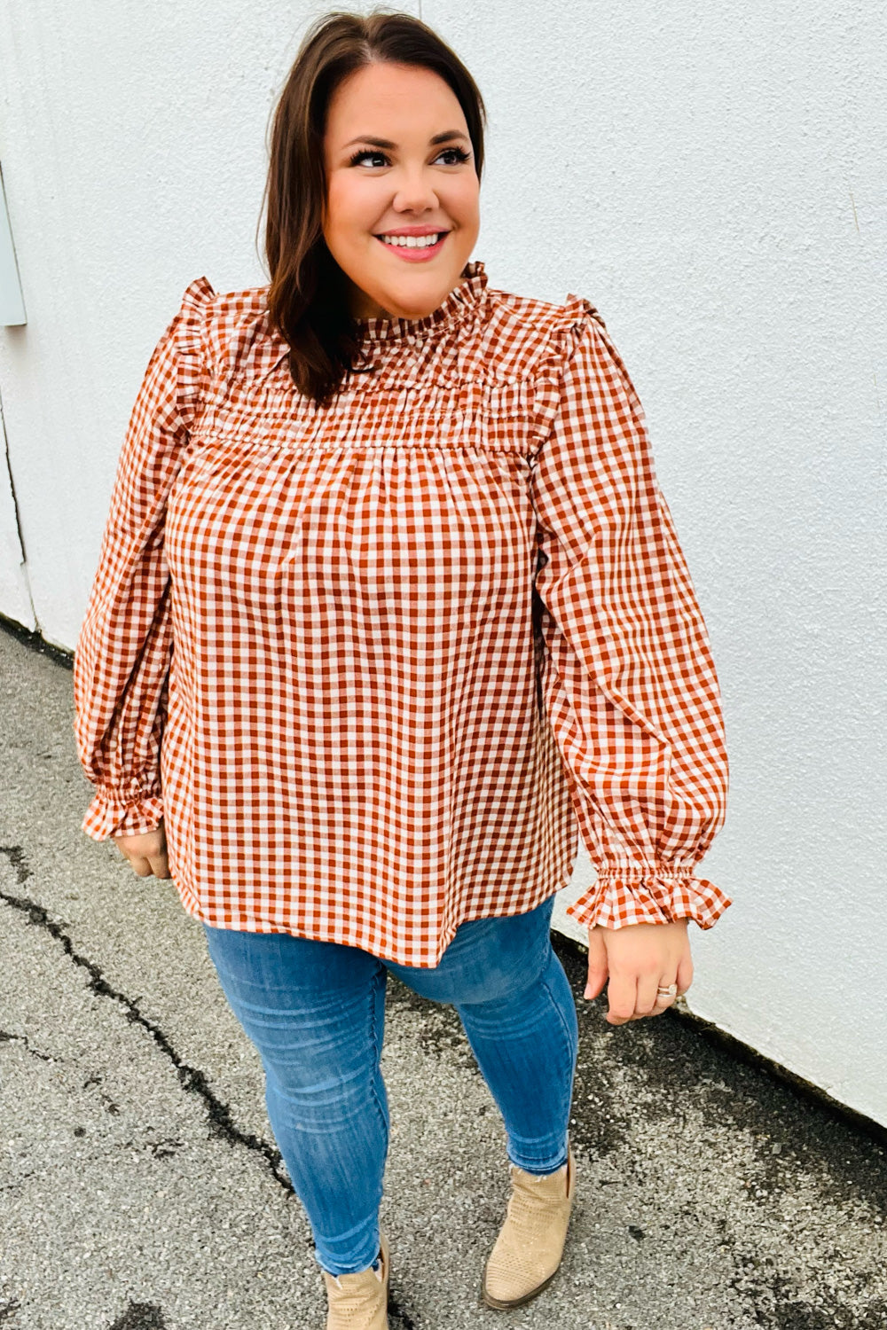 Adorable in Gingham Shirred Mock Neck Top • Rust