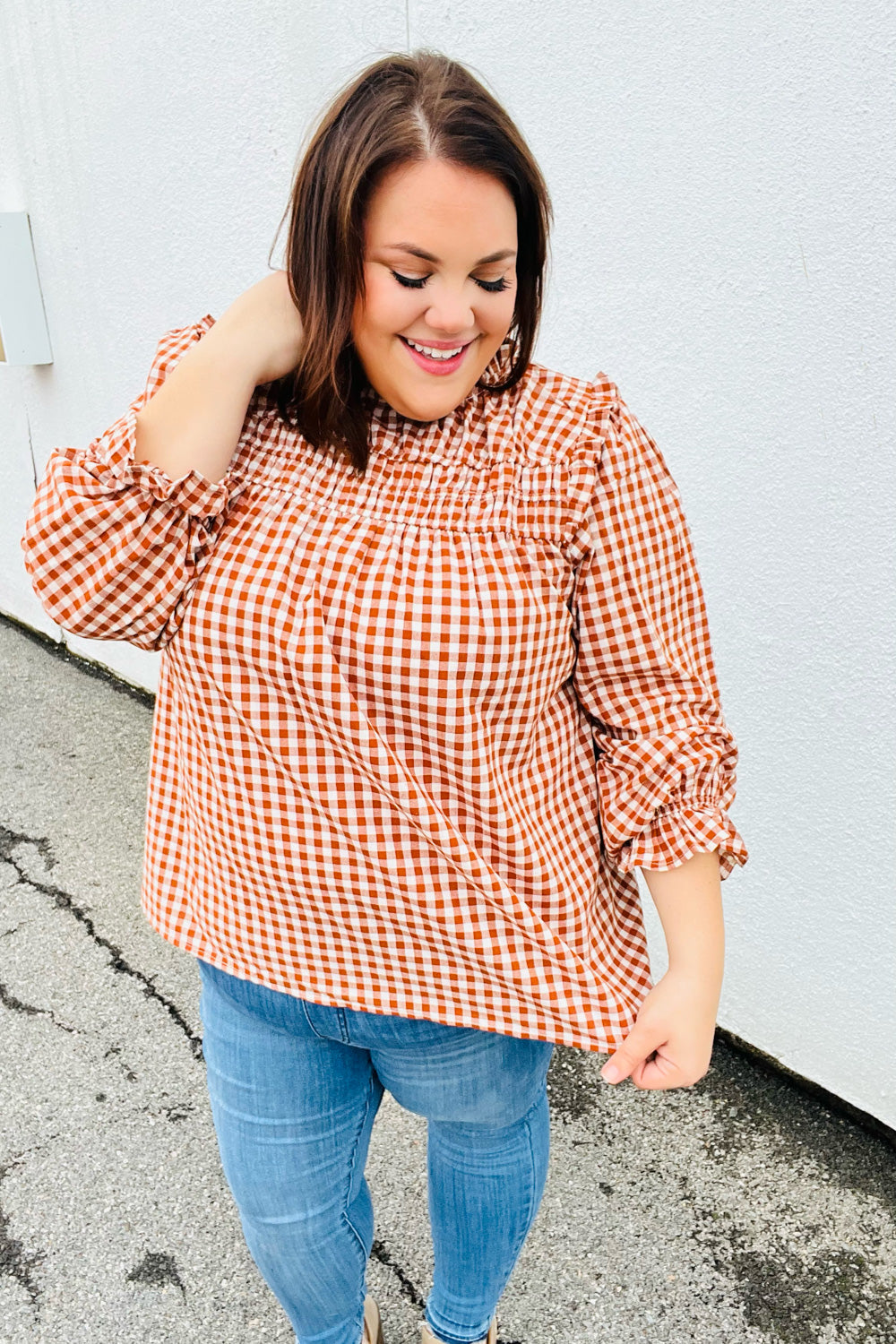 Adorable in Gingham Shirred Mock Neck Top • Rust