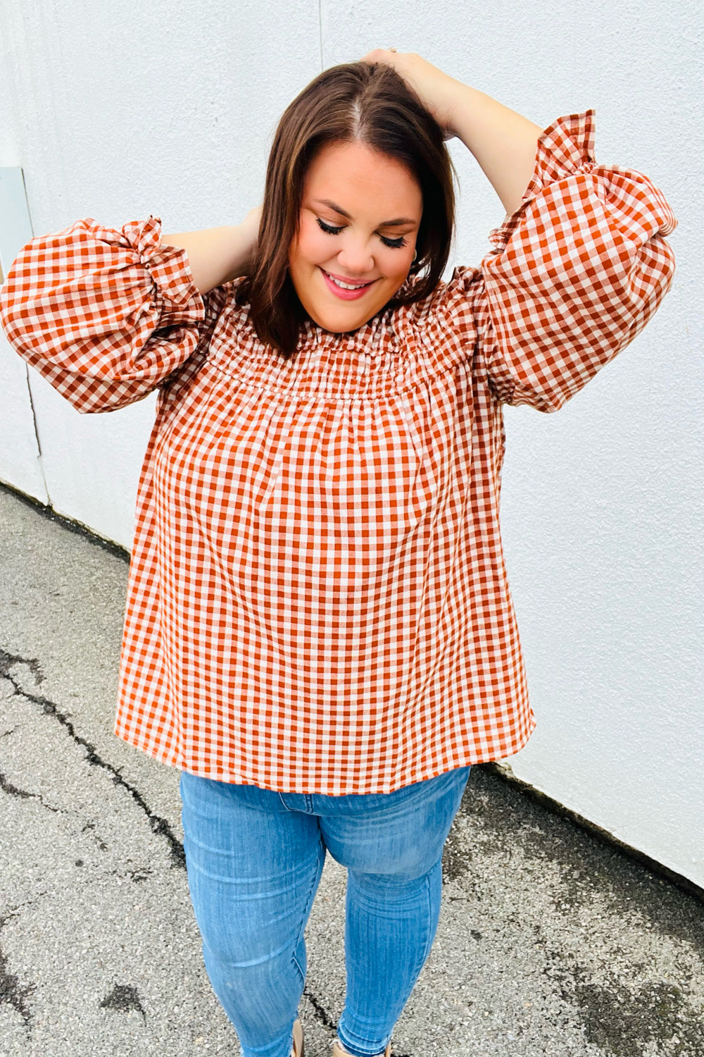 Adorable in Gingham Shirred Mock Neck Top • Rust