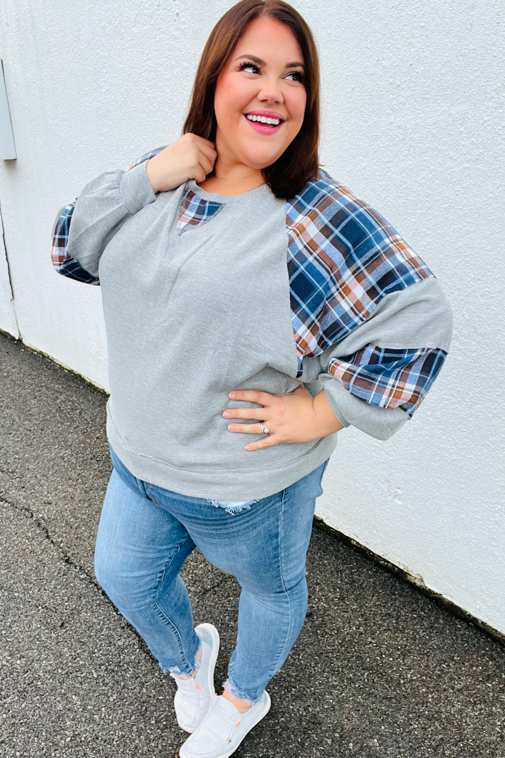 Face The Day Plaid Thermal Raglan Pullover