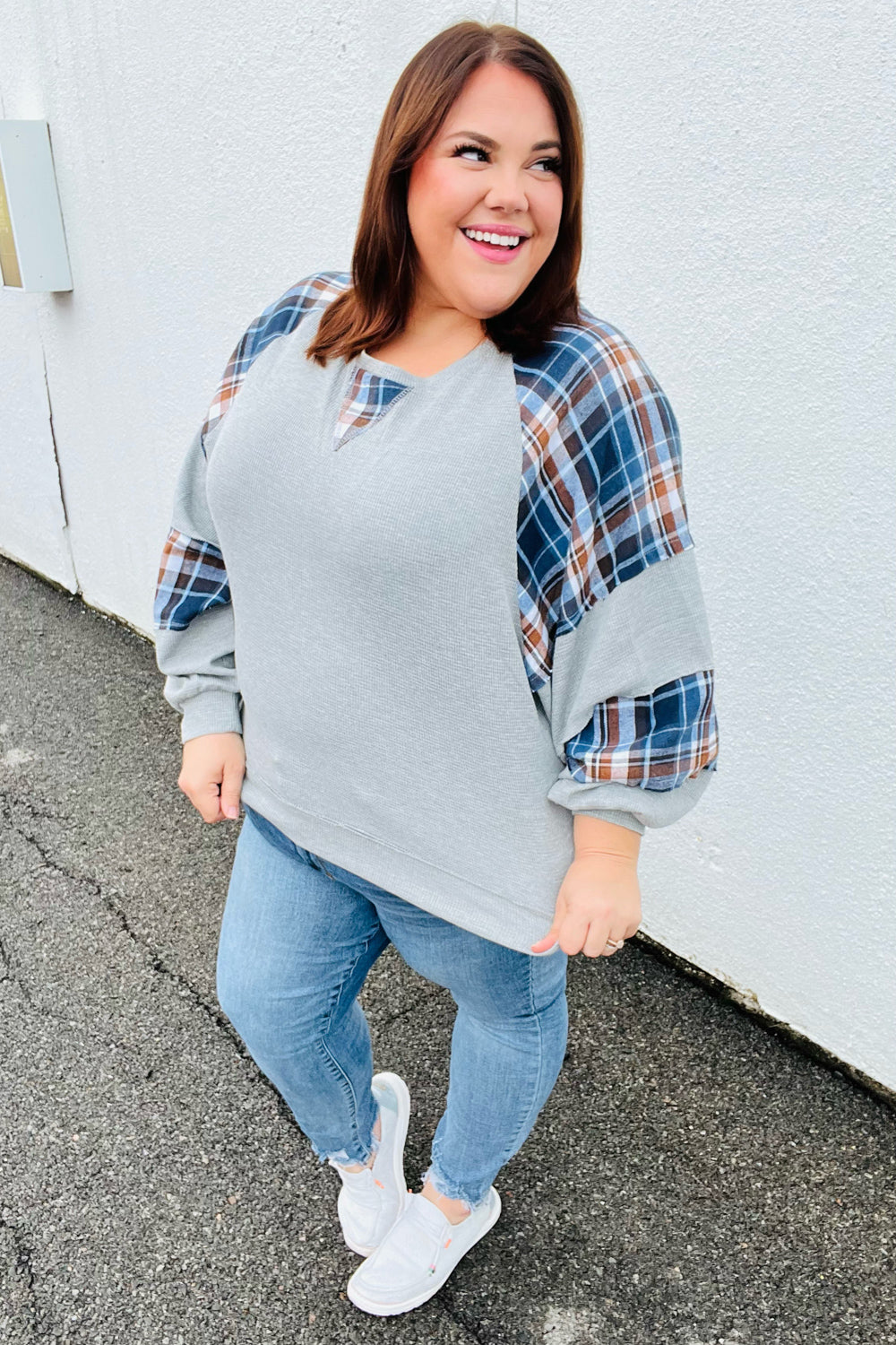 Face The Day Plaid Thermal Raglan Pullover