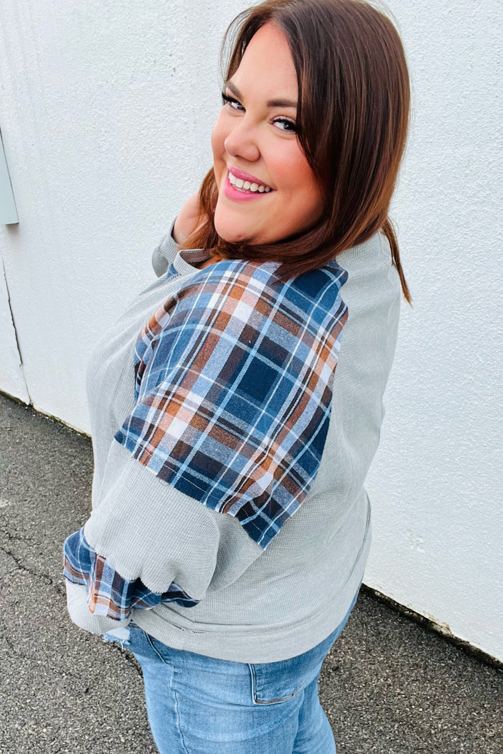 Face The Day Plaid Thermal Raglan Pullover