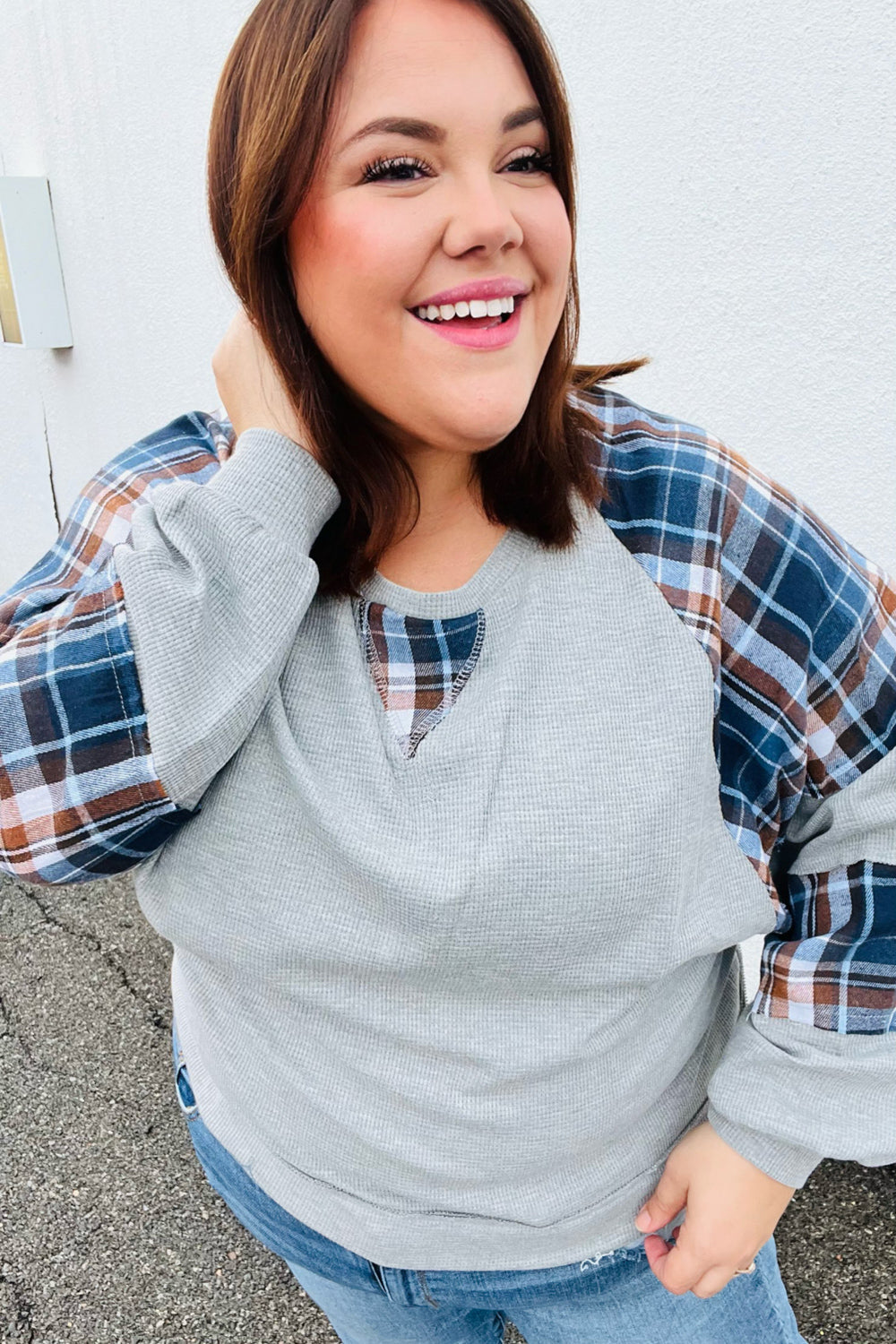 Face The Day Plaid Thermal Raglan Pullover