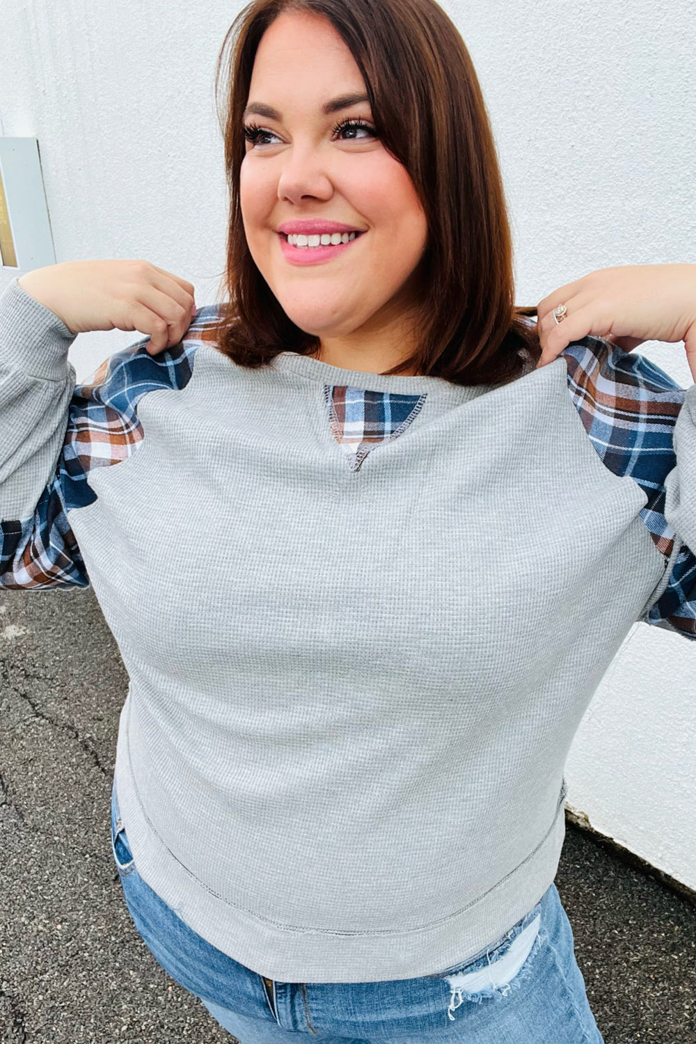 Face The Day Plaid Thermal Raglan Pullover