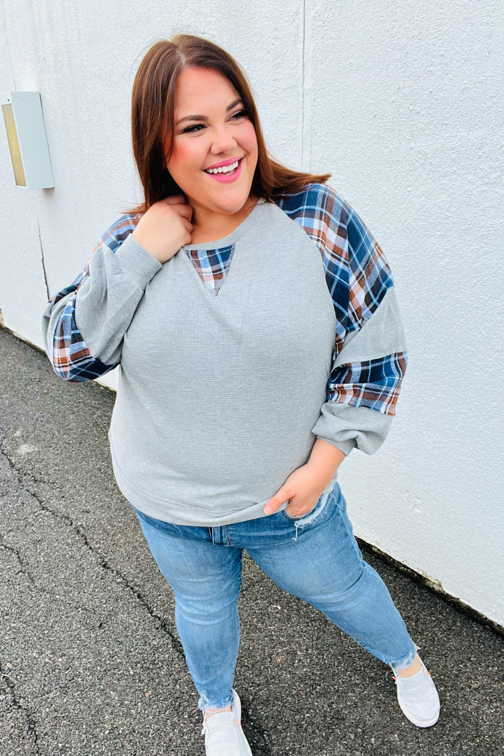Face The Day Plaid Thermal Raglan Pullover