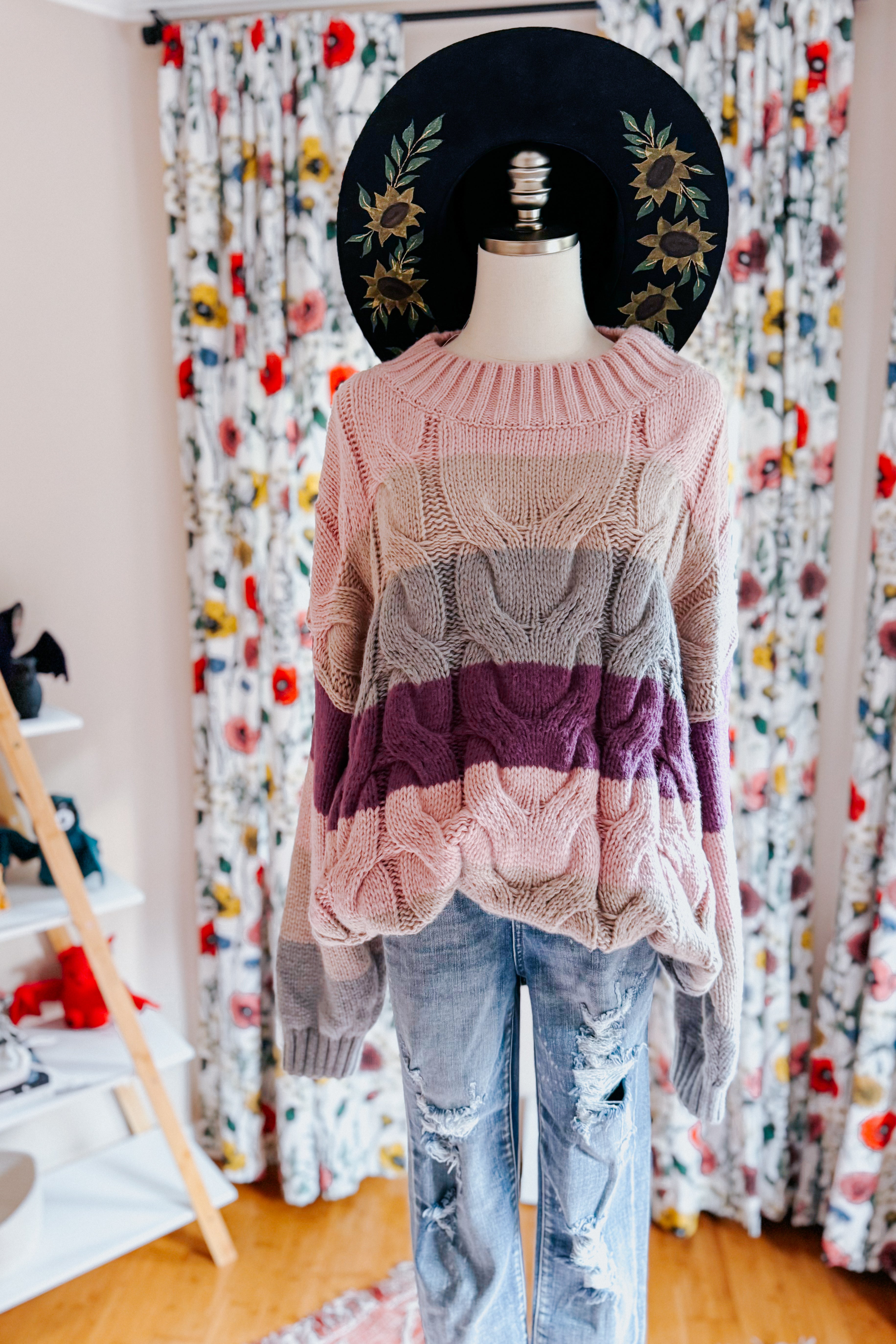 Your Blessings Stripe Cable Knit Mock Neck Sweater • Mauve