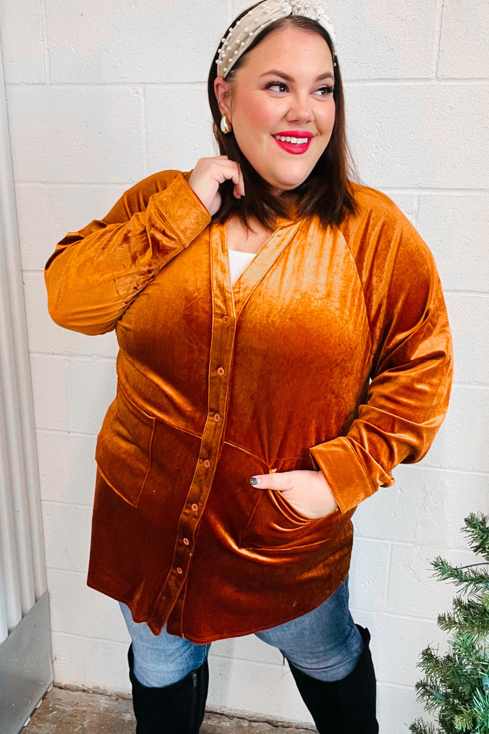 Dazzling Velvet Button Down Tunic Top • Rust