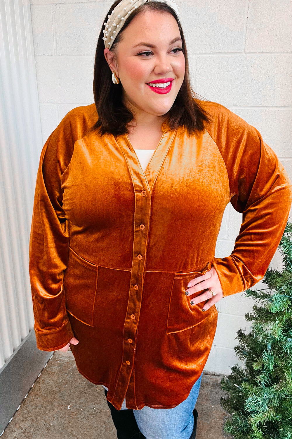 Dazzling Velvet Button Down Tunic Top • Rust